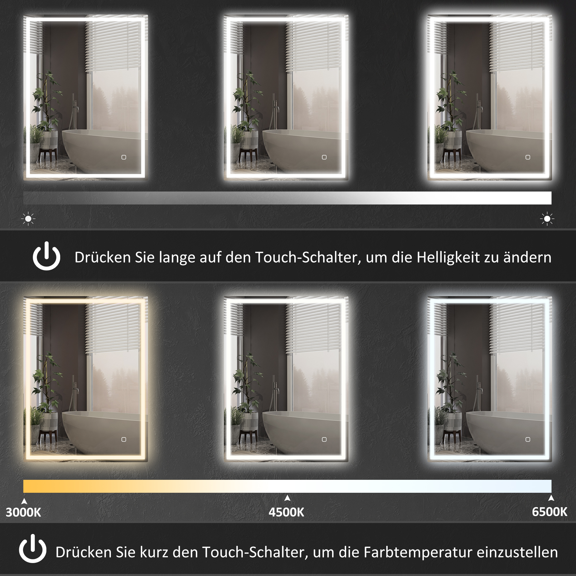 Badspiegel mit Beleuchtung 90x70 cm LED Spiegel Wandspiegel mit Memory-Funktion 3 Lichtfarben Silber