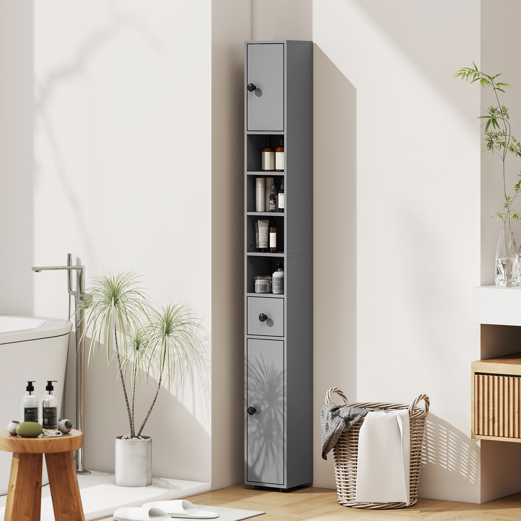 Badezimmerschrank, 4 Regale, Schublade, Spanplatte, schlankes Design, Grau