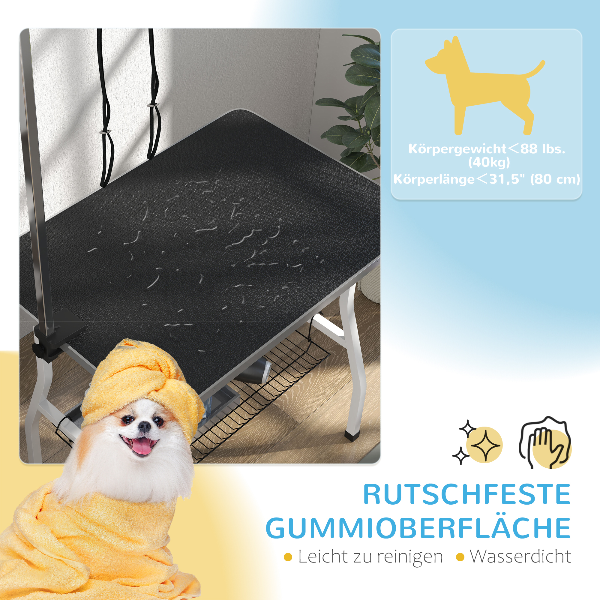 Hundepflegetisch, Frisiertisch mit einstellbarem Arm, Aufbewahrungsfach, Gummioberfläche, 90 x 60 x 76 cm, Schwarz
