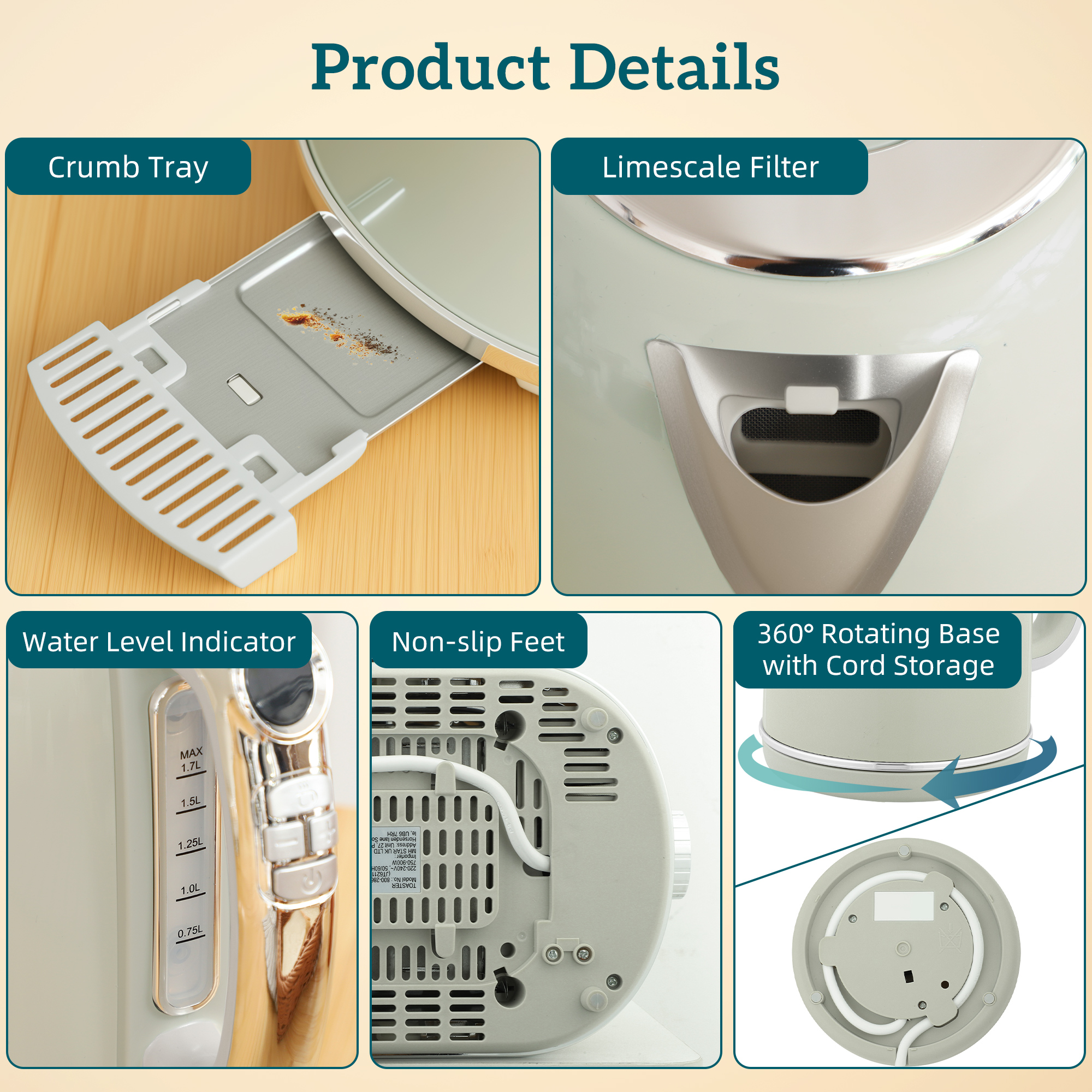 Wasserkocher- und Toaster-Set, LED-Anzeige, 1,7 Liter, 2200W, Retro-Design, Memory-Funktion, Grau