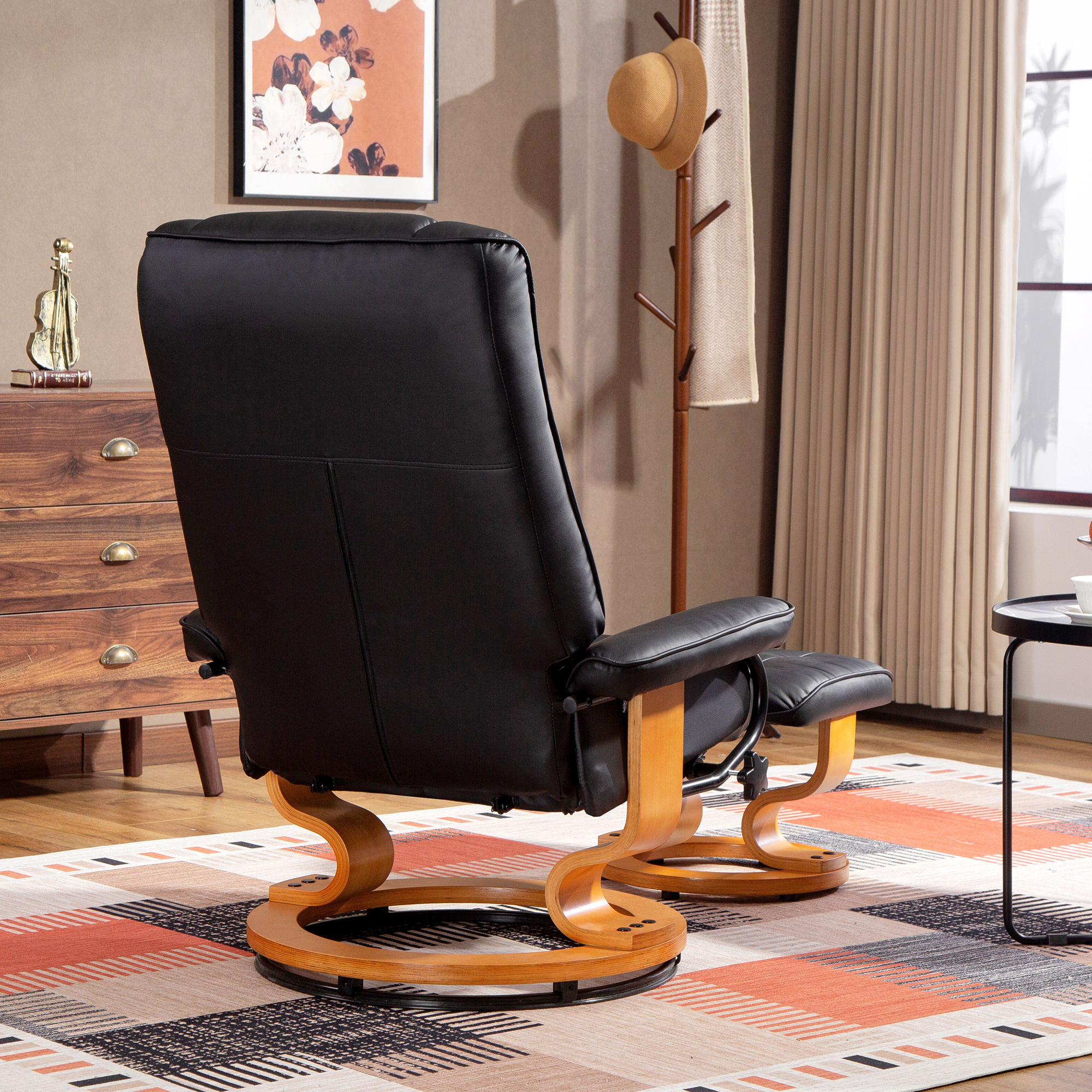 Relaxsessel mit Hocker, drehbar & neigbar, Kunstlederbezug, bis 150 kg, Holzgestell, Schwarz