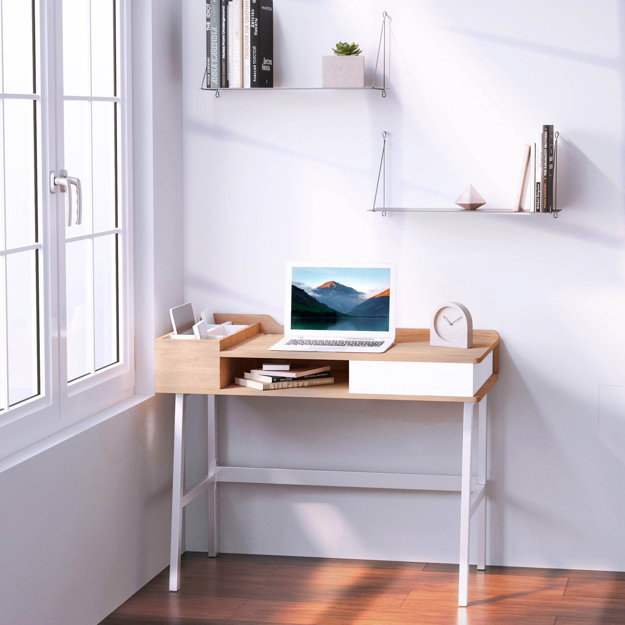 Schreibtisch Computertisch Bürotisch Arbeitstisch PC Tisch vielseitig verwendbar mit sechs Ablagefächern Schublade Breite Tischplatte für Arbeitszimmer Büro und Wohheim Natur 100 x 55 x 81,5 cm