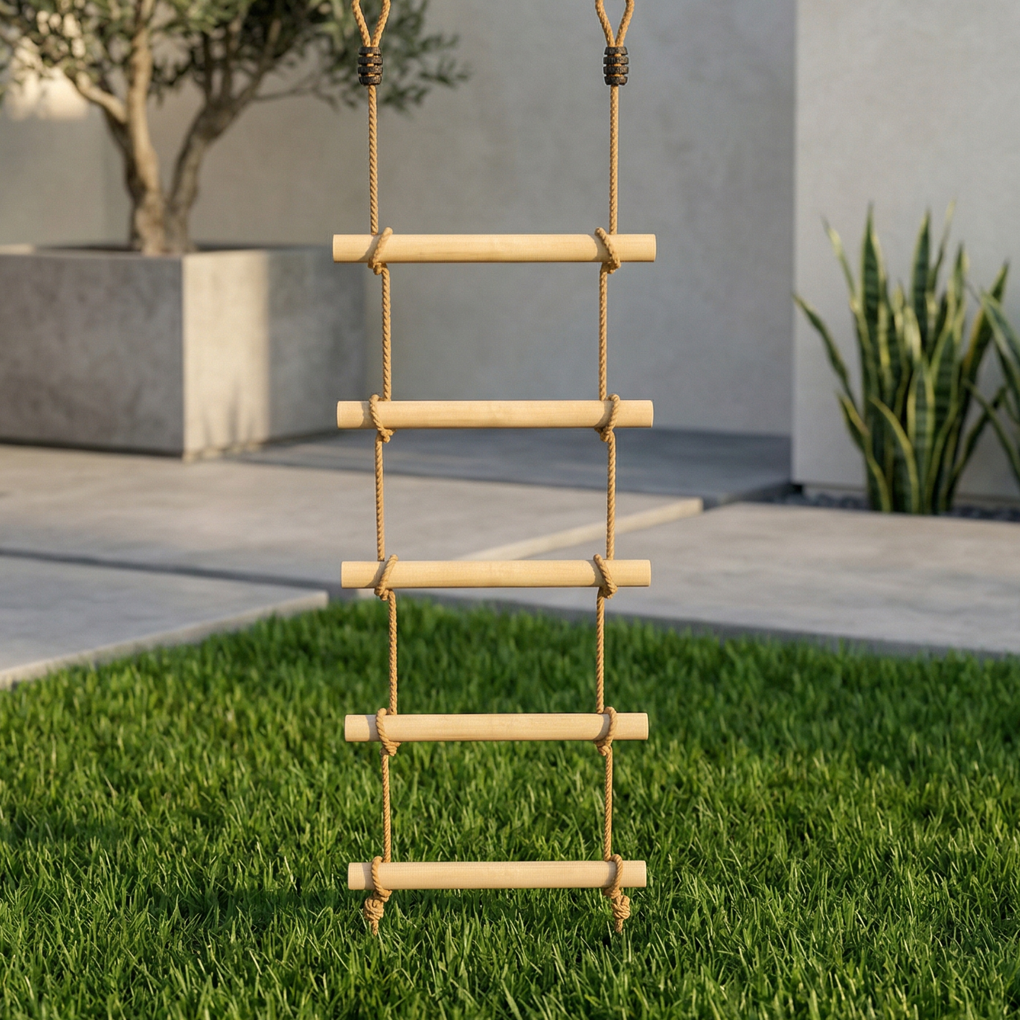 Strickleiter für Kinder 5-stufige Kletterleiter mit 2 Karabinern 2 Baumgurten für 3-8 Jahre 40 x 3,5 x 180 cm Naturholz