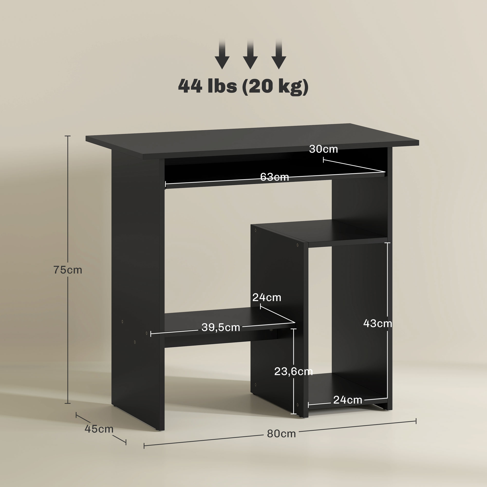 Computertisch, Schreibtisch, Spanplatte, Metall, 80 x 45 x 75 cm, Schwarz
