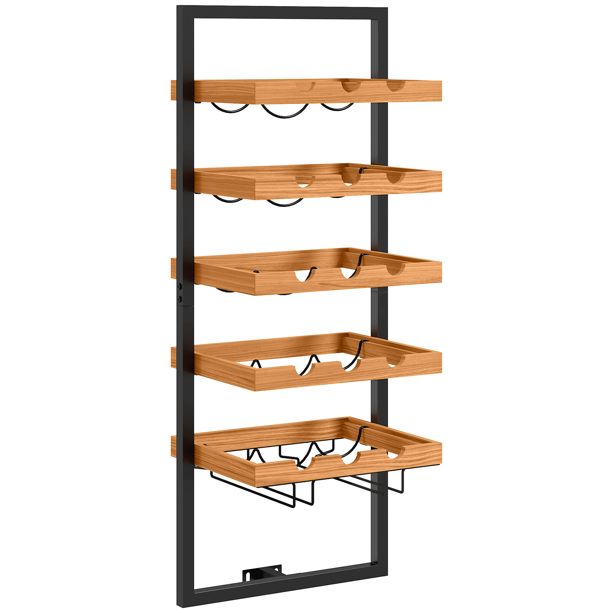 Wand-Weinregal, 5 Ebenen, Flaschenhalter, Gläserhalter, Kiefernholz, Stahl, Hausbar, Küche, Wohnzimmer, Braun