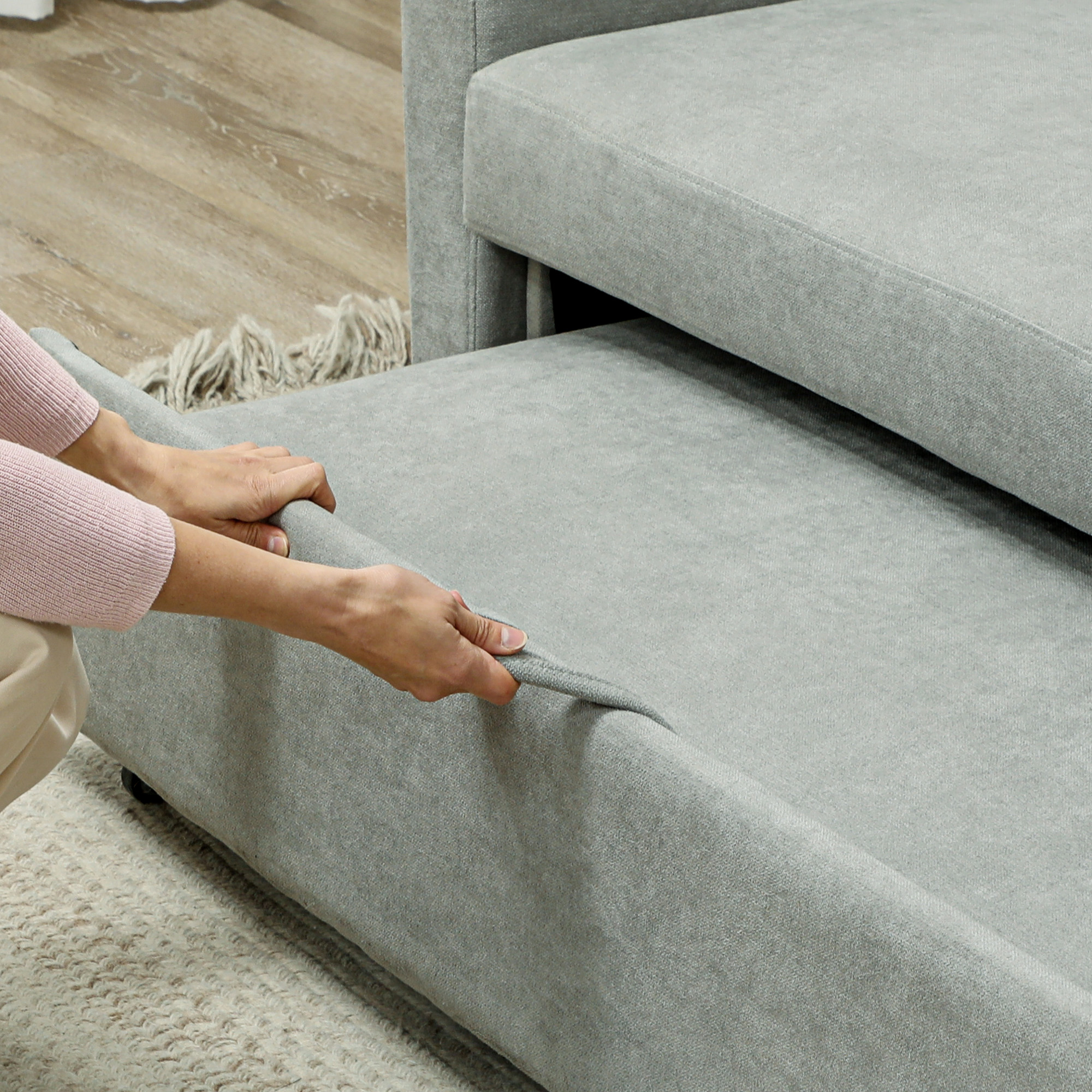 2-Sitzer Sofa mit Bettfunktion, Verstellbarer Rückenlehne, Polstersofa, Samtoptik, für Wohnzimmer, Schlafzimmer, Hellgrau