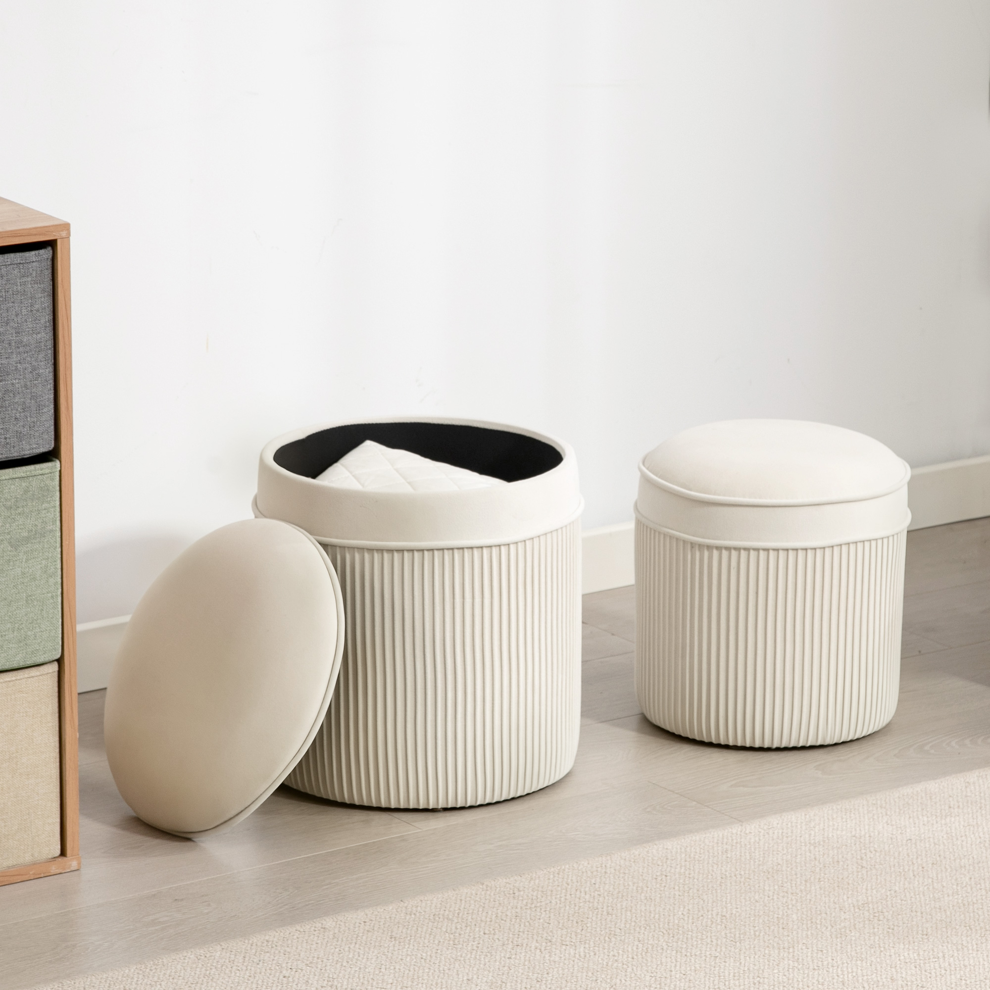 2er Set Sitzhocker mit Stauraum Hocker mit Deckel, Runder Fußhocker mit Samtoptik 36 x 36 x 41,5 cm Cremeweiß