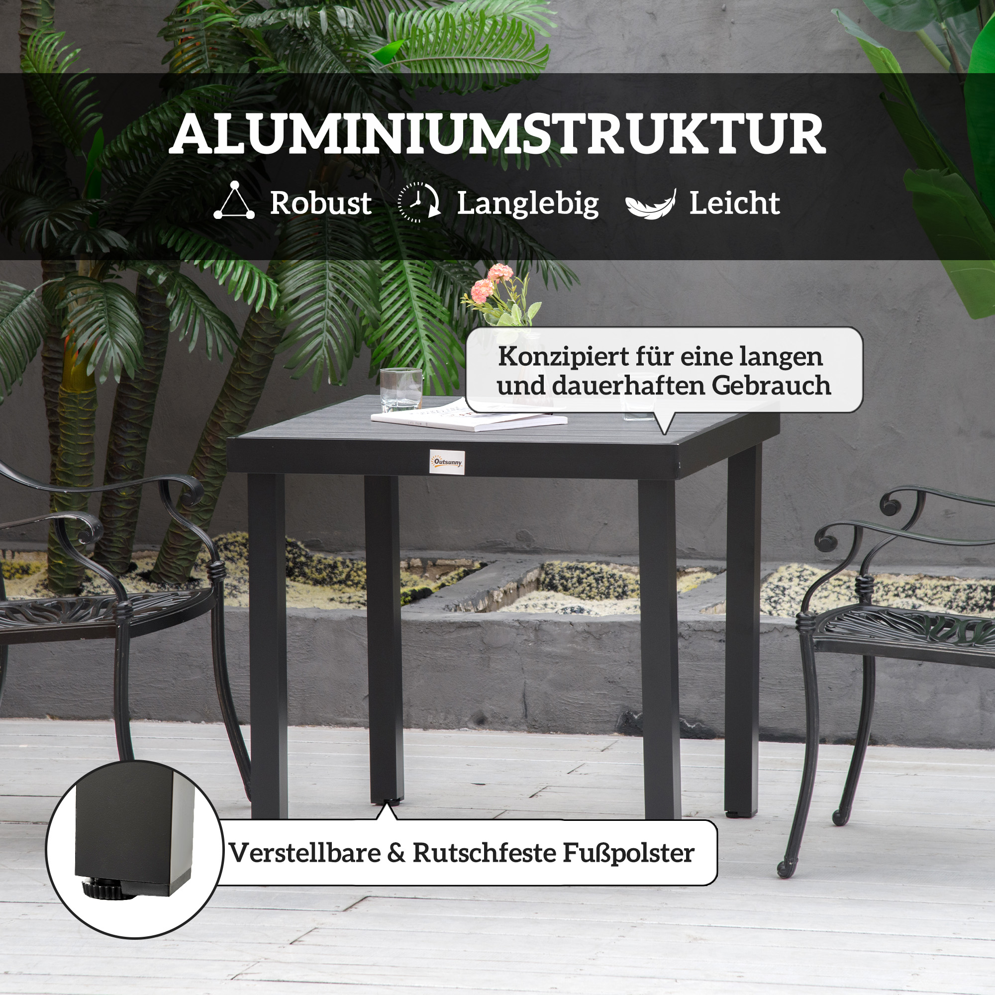 Gartentisch für 4 Personen Esstisch Aluminiumtisch Gartenmöbel Loungemöbel pflegeleicht Kunststoff Schwarz 78 x 78 x 74 cm