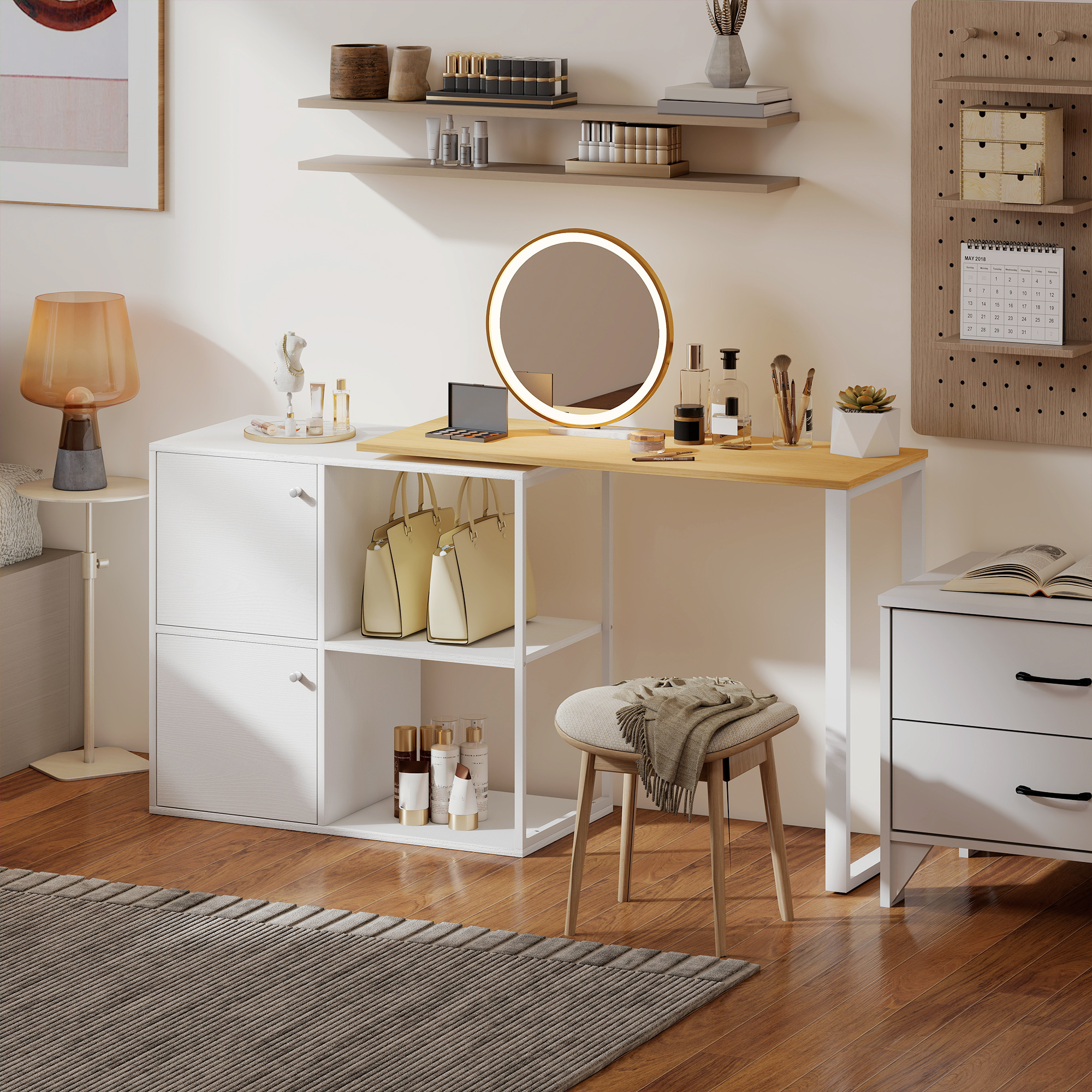 Schreibtisch L-förmig, 360° drehbarer Eckschreibtisch mit 2 Lagerschränken, 2 offenen Regalen, Computertisch für kleine Räume, Arbeitszimmer, Wohnzimmer, 150x40x75 cm, Weiß