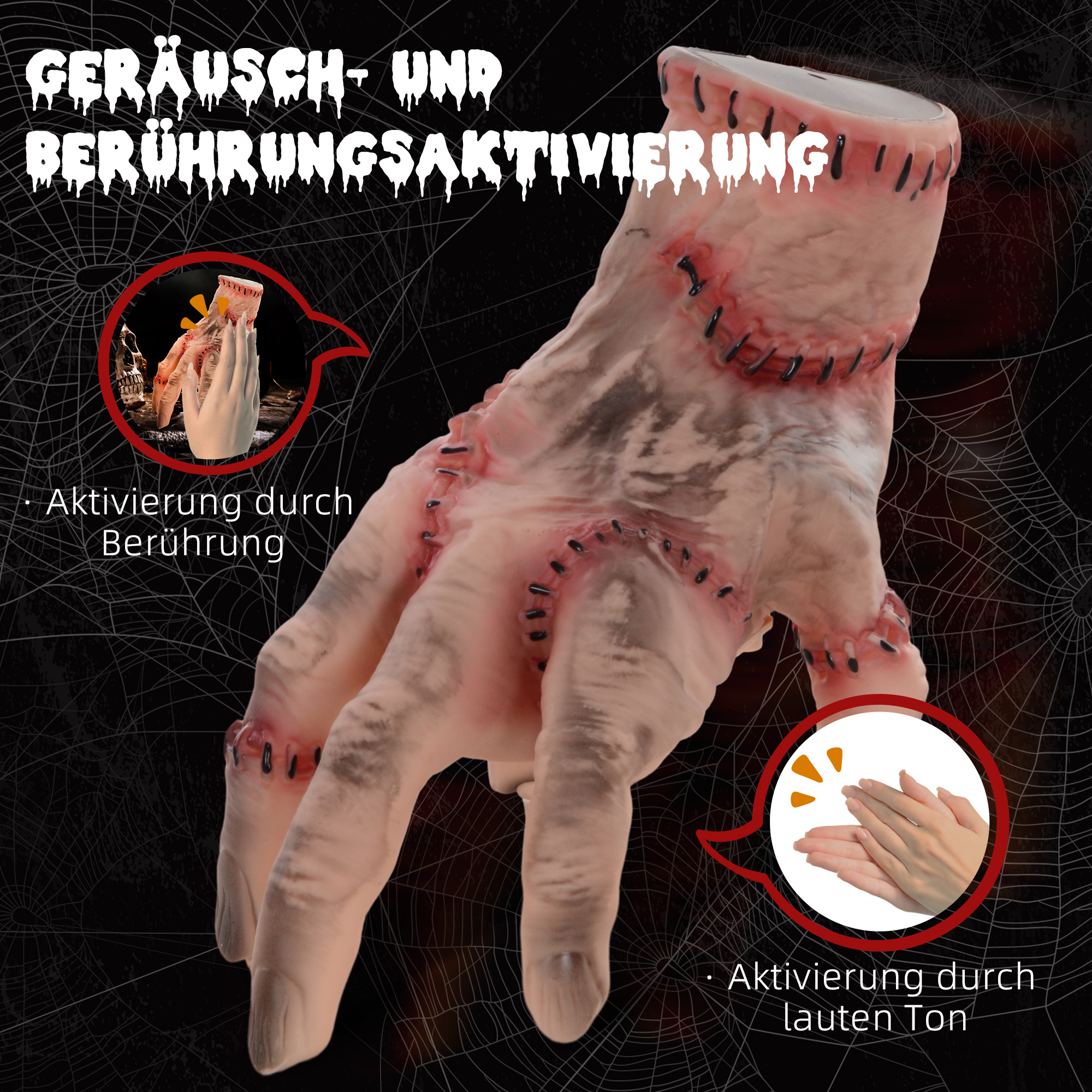 Horror-Hand, Helloweendeko, aktiviert mit Geräusche/Berührung, beweglich, Sound