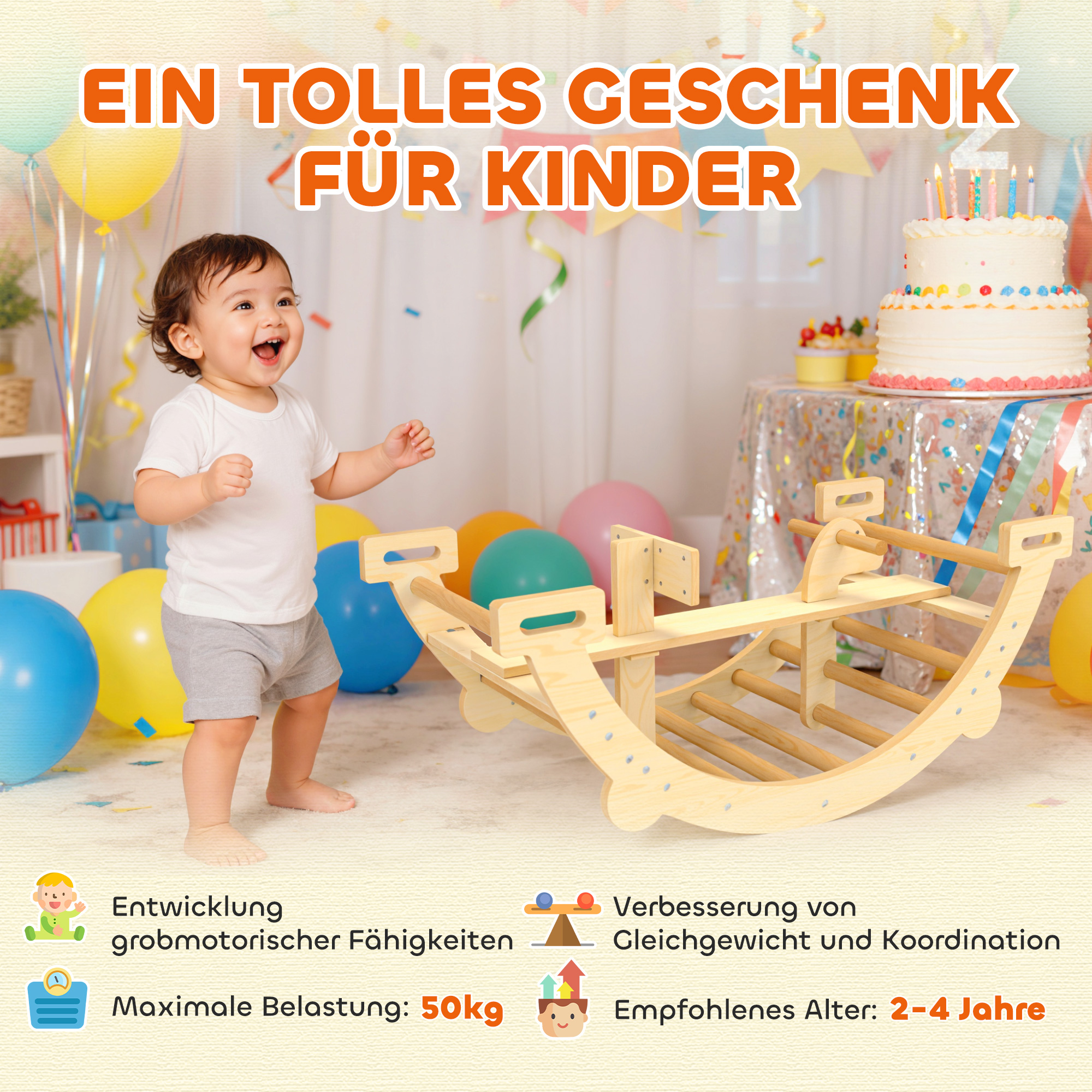 Montessori Klettergerüst Indoor, 2 in 1 Kletterbogen aus Holz, für Kinder 2-4 Jahre, 110x52x45 cm, Naturholz