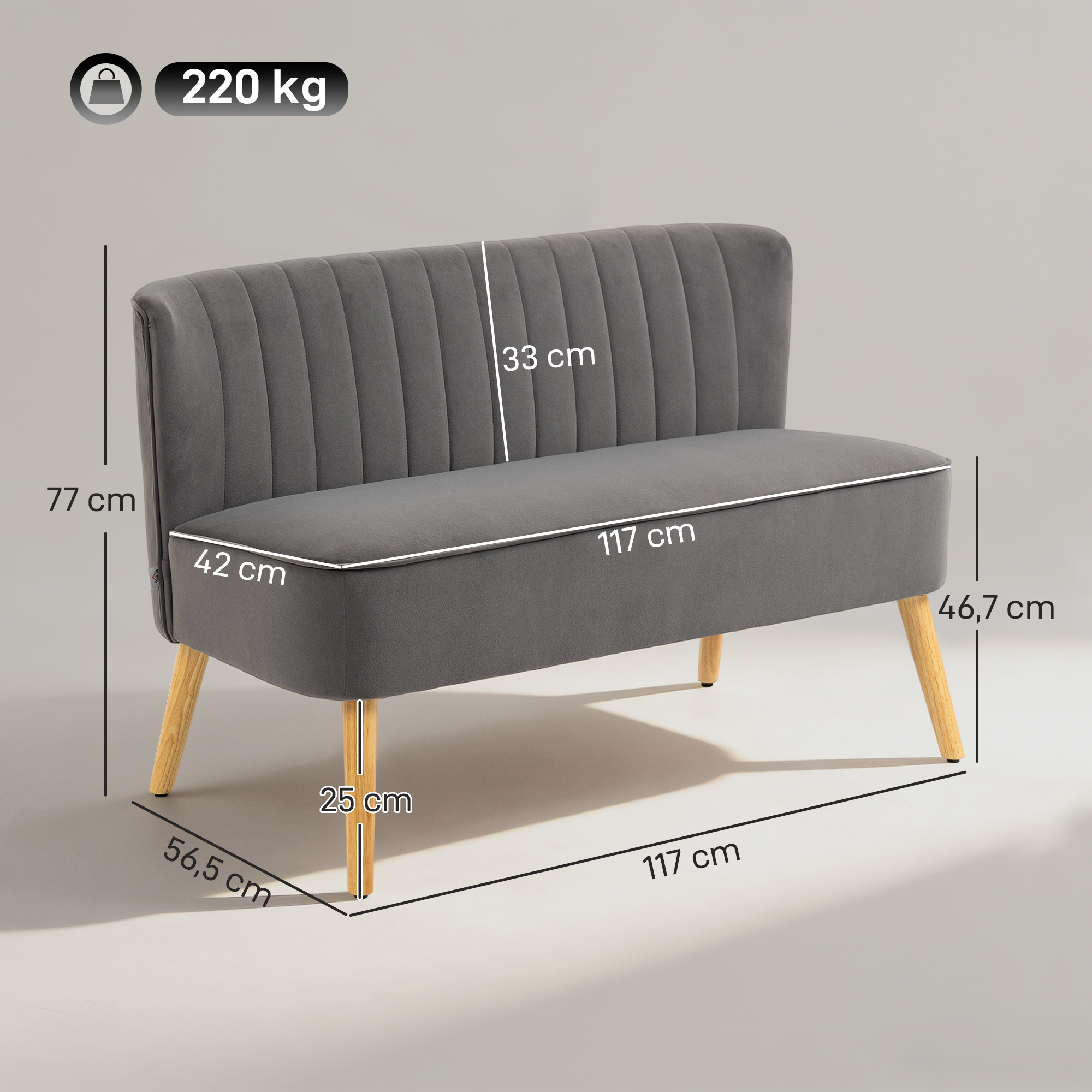 Sofa Retrodesign 2-Sitzer-Sofa, Holzbeine, 117 cm x 56,5 cm x 77 cm, Dunkelgrau