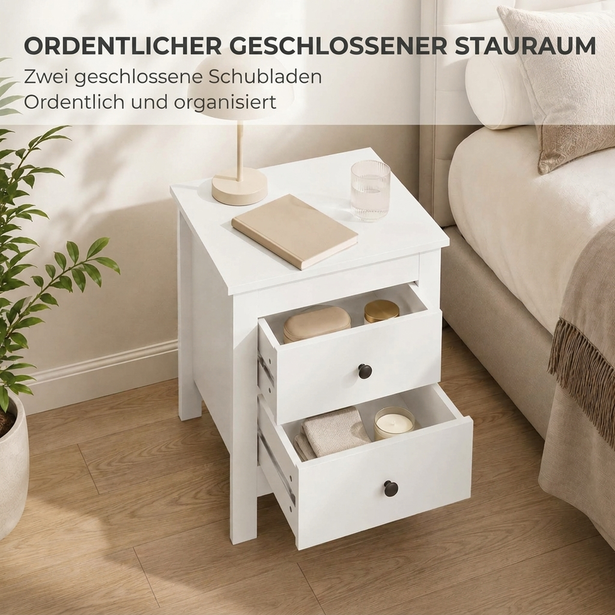 moderner Nachttisch mit 2 Schubladen, Beistelltisch mit Fußpads fürs Schlafzimmer, Weiß