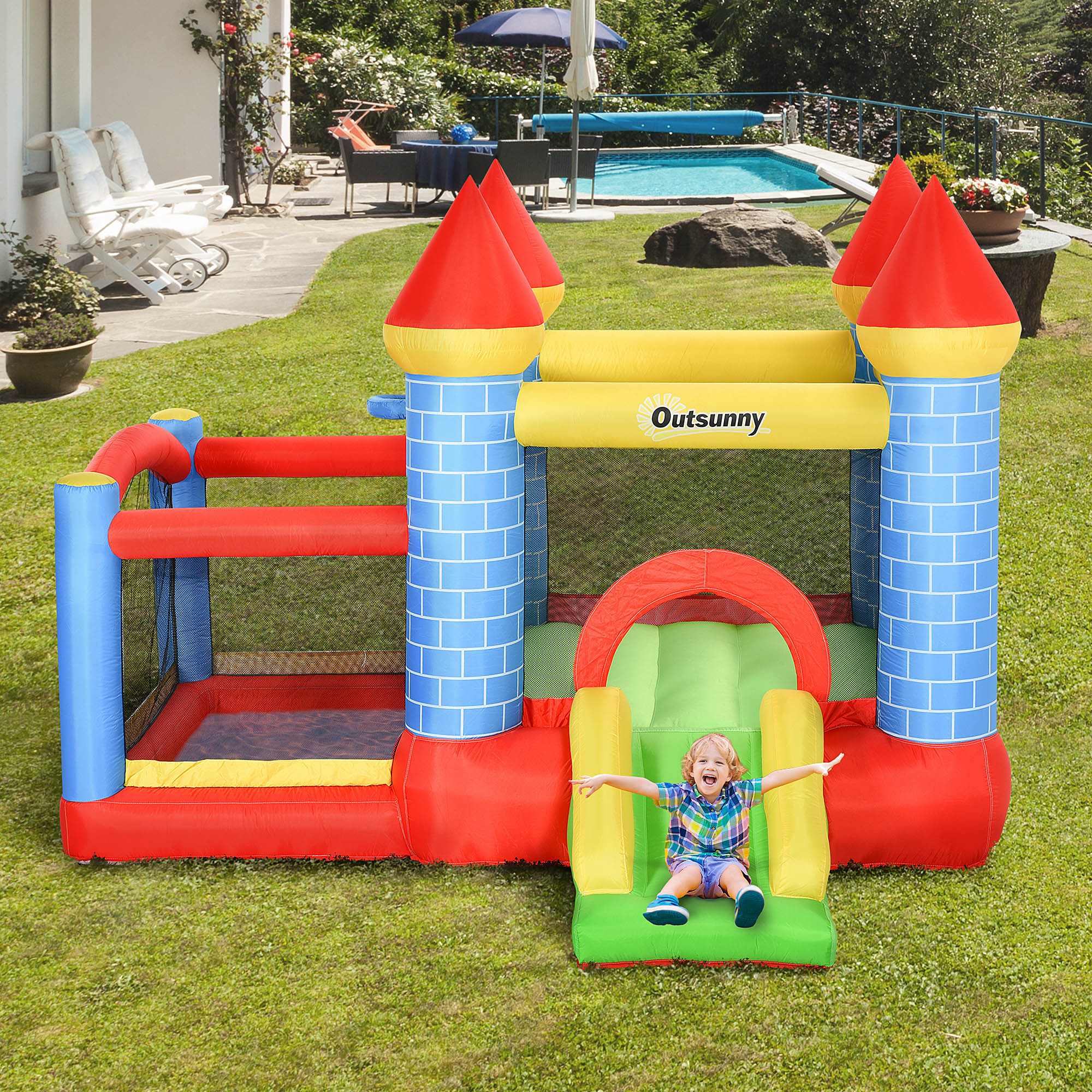 Aufblasbare Hüpfburg mit Rutsche Pool für 3 Kinder Burg mit Gebläse für 3-8 Jahre Rot+Blau+Grün 280 x 260 x 210 cm