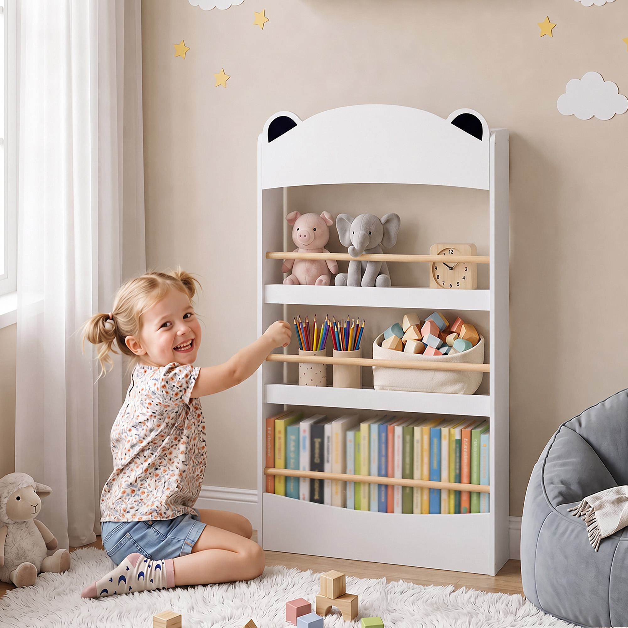 Bücherregal Kinder, Wandmontiert Kinderregal mit 4 Ebenen, Wandregal mit bärenförmige Design, 50 x 15 x 97 cm Weiß
