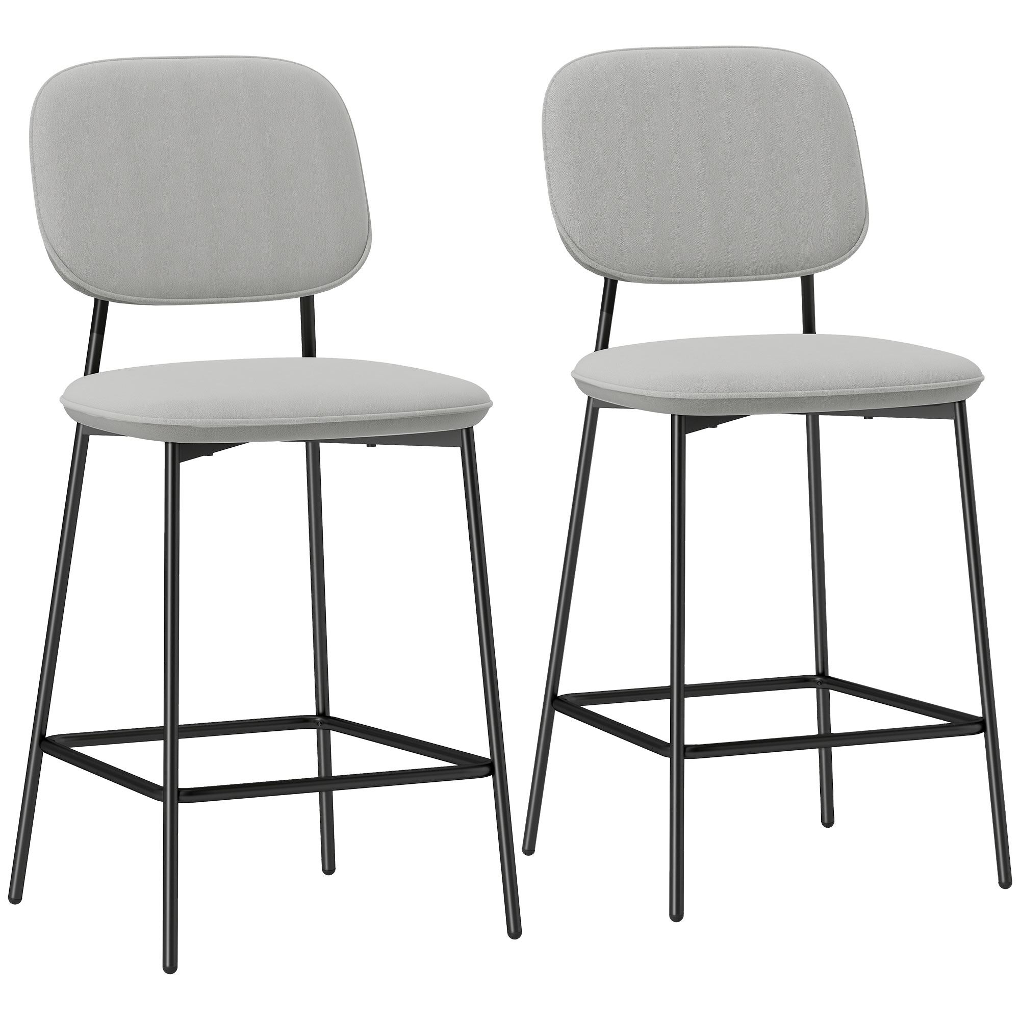 2er-Set Barhocker, Bistrohocker mit Fußstütze, Samt-Bezug, Stahlbeinen, für Esszimmer, 45 x 49 x 102 cm, Hellgrau