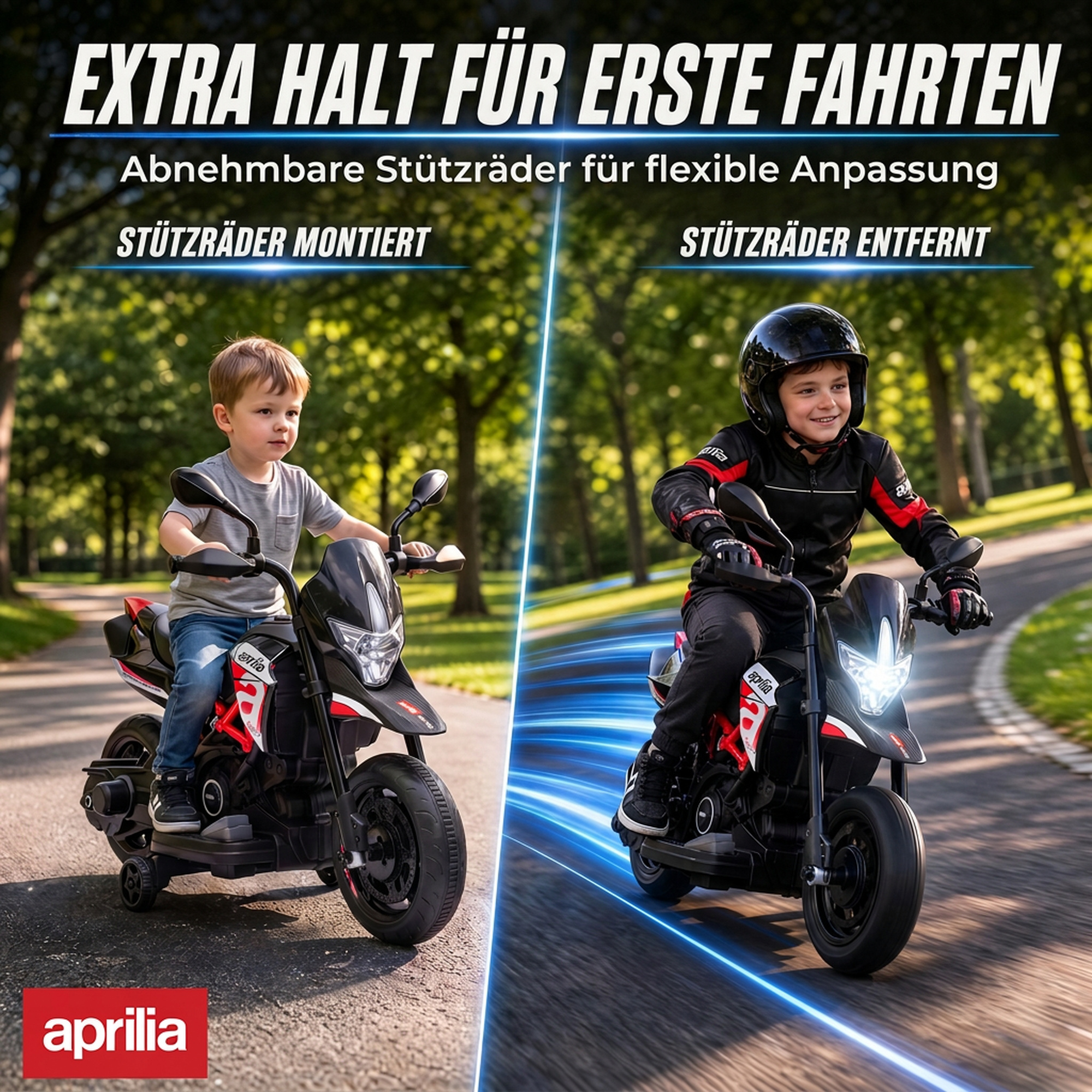 Elektro Motorrad Kinder APRILIA 6 V Elektromotorrad mit Lithium Akku 25W Motor 30° Lenkbegrenzung abnehmbar Stützrädern