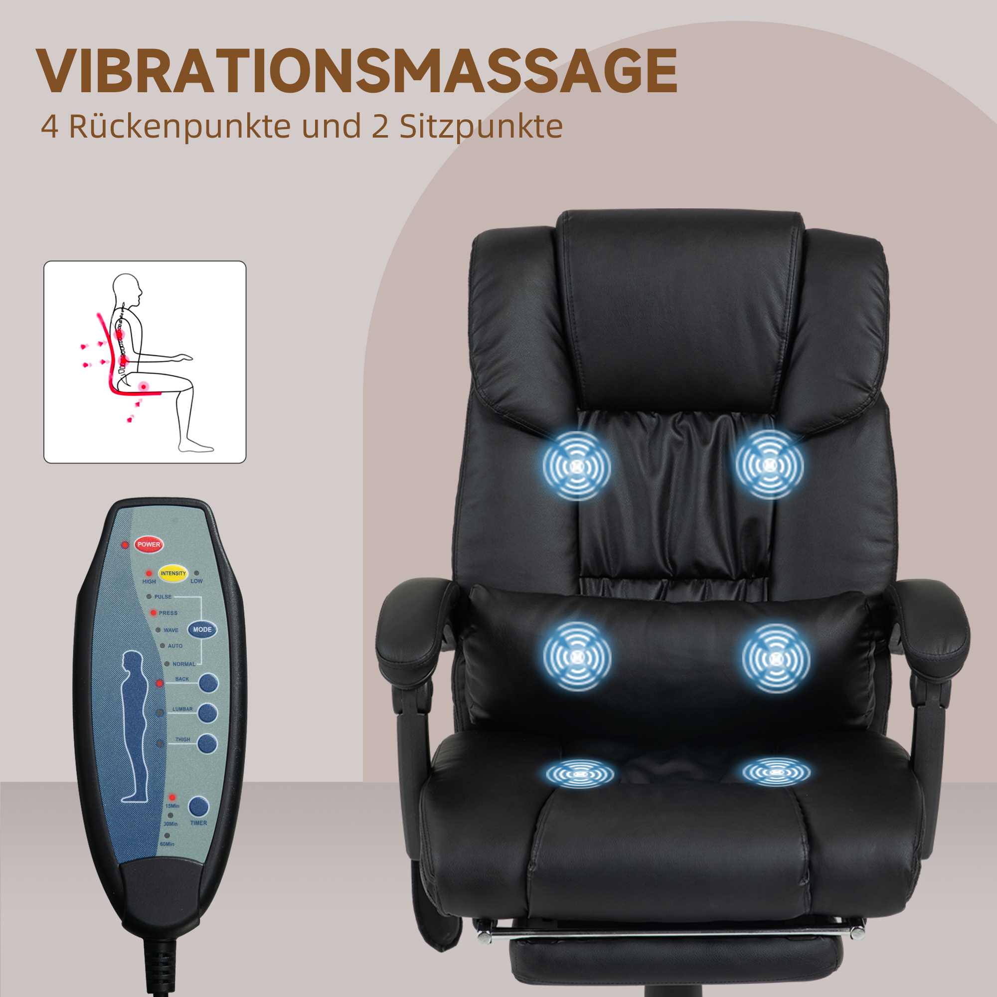 Bürostuhl Ergonomisch mit Massagefunktion Schreibtischstuhl mit Fußstütze, Hoher Rückenlehne, Lendenstütze Schwarz