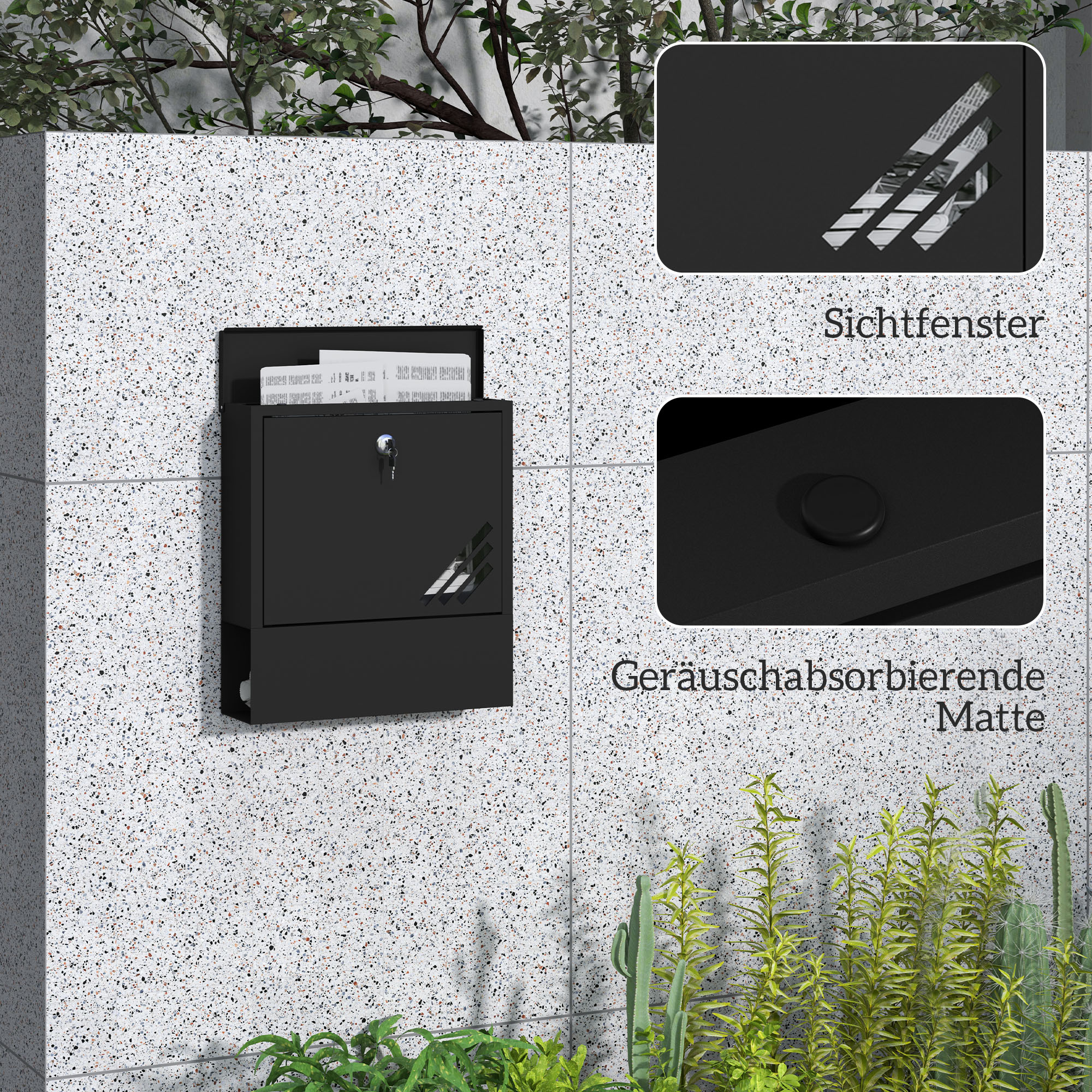 Briefkasten mit Sichtfenster, Wandmontage, abschließbar, Rost- und wetterfest, Grau