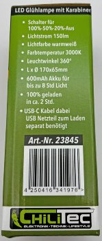LED Glühlampe mit Akku "CT-KL3", dimmbar, mit Haken / Karabiner, 3000k / Warmweiß