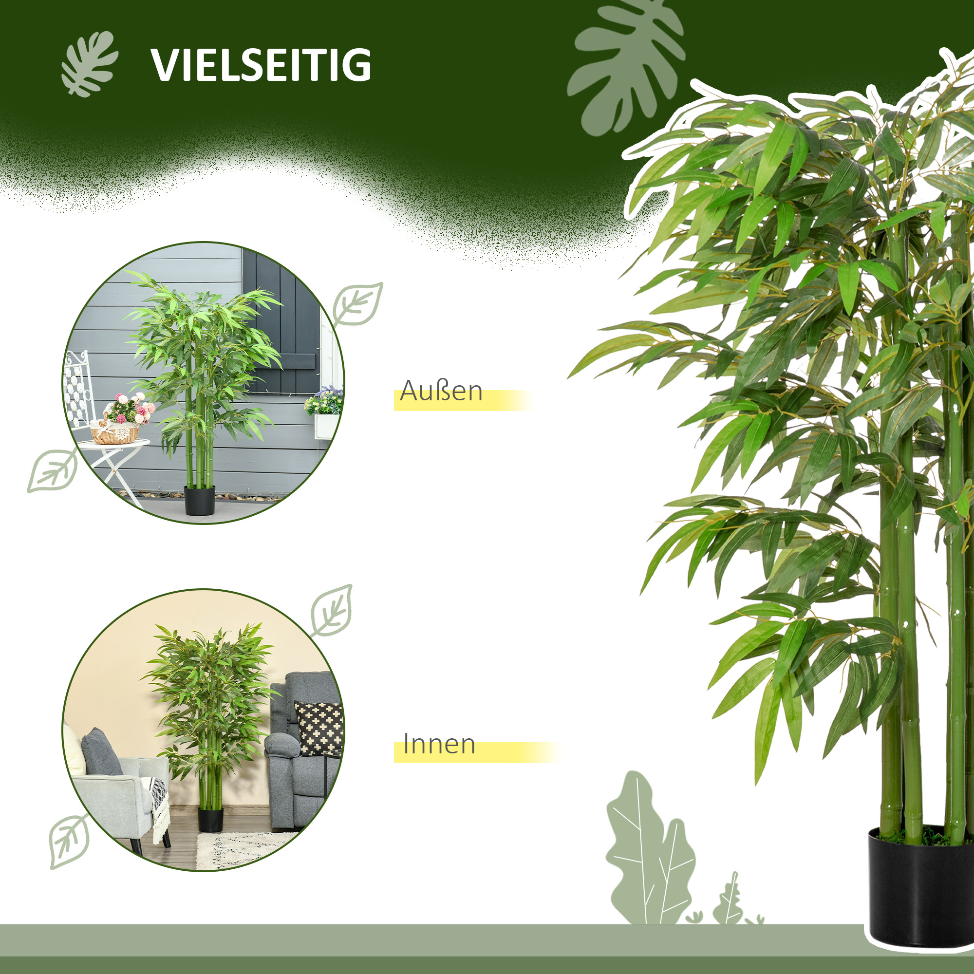 Künstliche Pflanze, Bambus aus Kunststoff im Topf, 780 Blätter, realistischer Look, kaum Pflegeaufwand, 140 cm, Grün