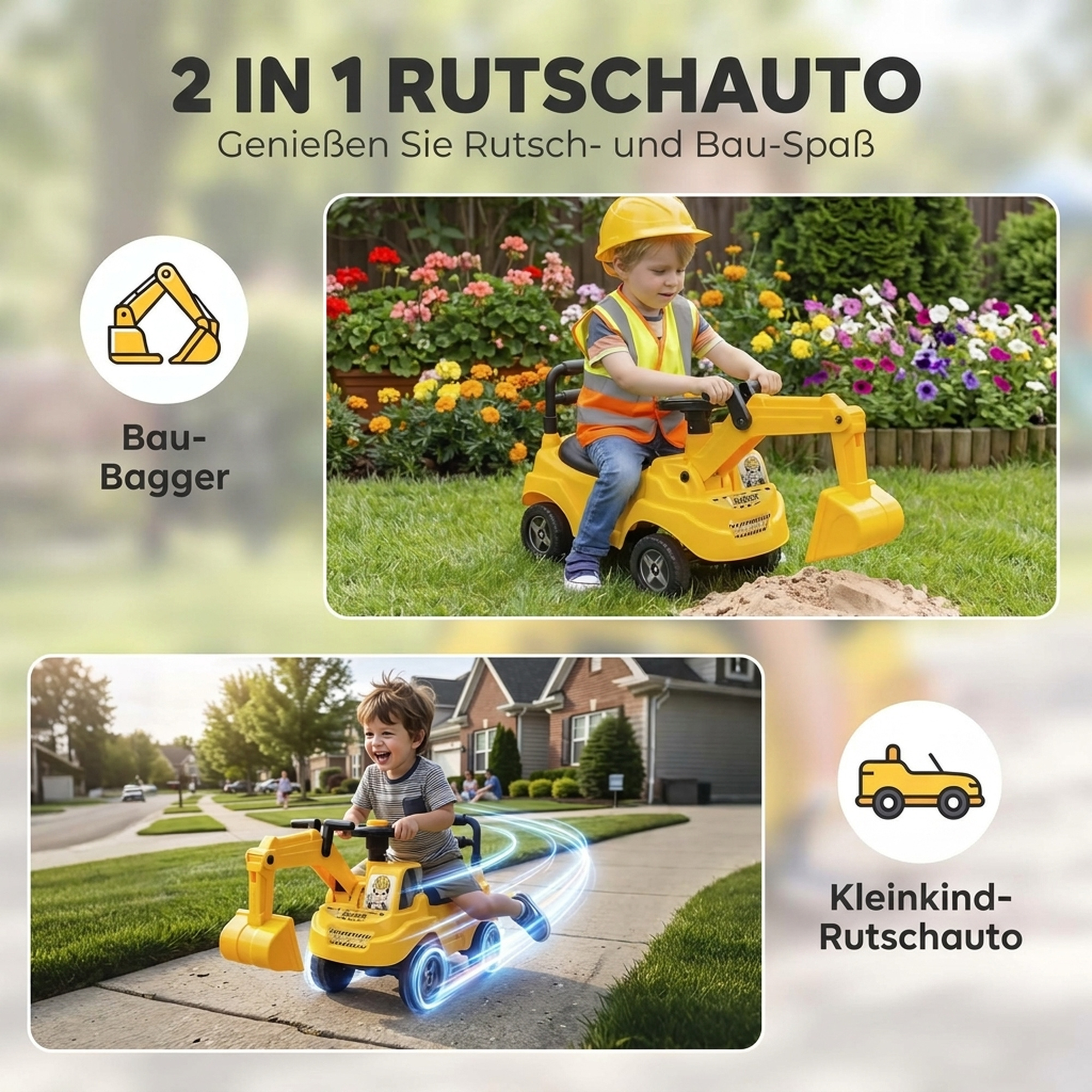 Sitzbagger Kinder Aufsitzbagger mit Schaufel Lenkrad Kinderbagger mit Hupe, Stauraum unter dem Sitz für 1-3 Jahre