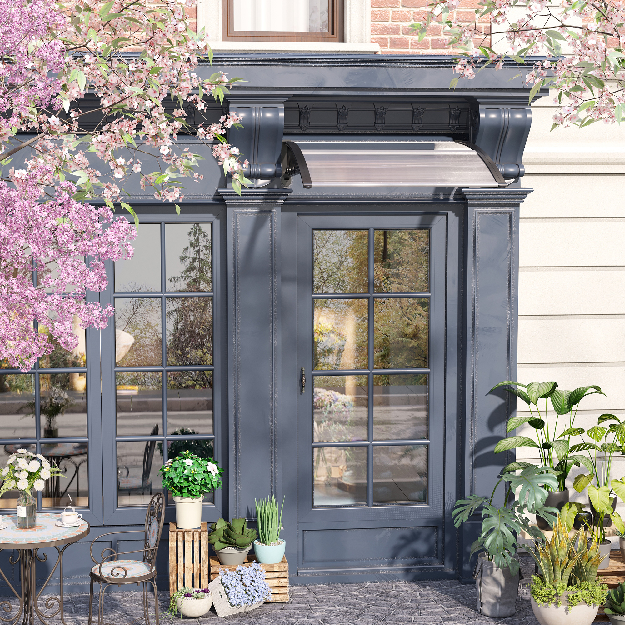 Vordach für Haustür/Fenster, wetterfest, transparent, Aluminium-Verbindungstangen/Polycarbonat, 103x96,5x27cm, Schwarz