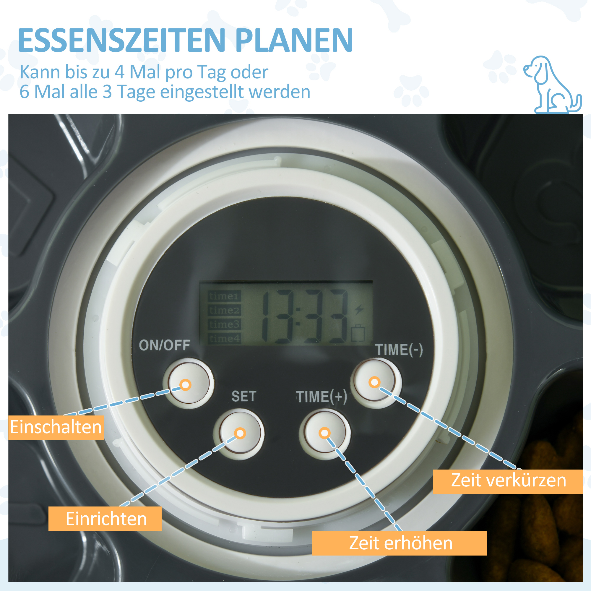 Futterautomat Katze Nassfutter Katzenfutter mit LED-Display, Programmierbarem Timer, 6 Futter-Fächer für je 70 g Trockenfutter 4 Mahlzeiten Automatischer Futterspender für Hunde Katzen