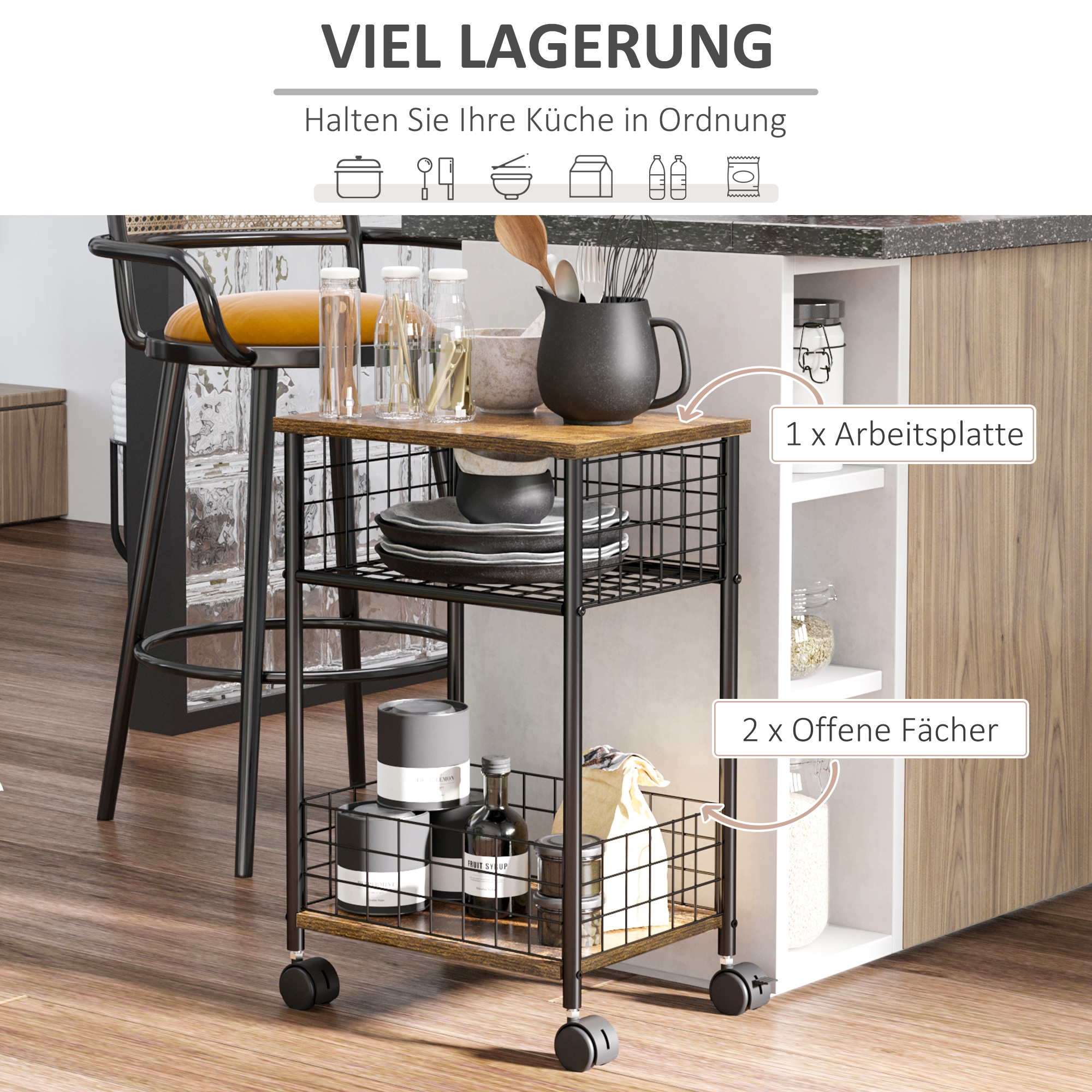 Küchenwagen im Industriedesign 1 Regal 1 Aufbewahrungskorb 4 Räder 40 cm x 30 cm x 62 cm Stahl Schwarz + Braun