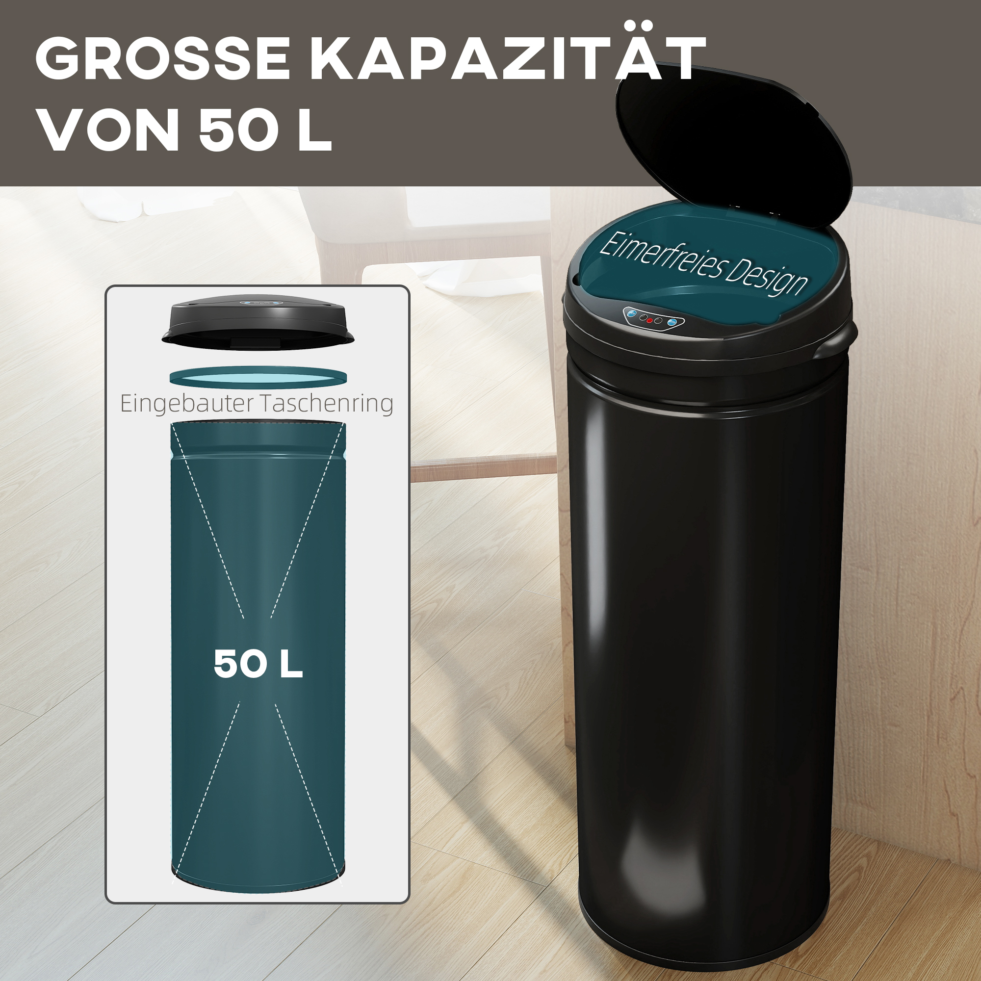 50 Liter Sensor-Mülleimer mit Soft-Close-Funktion, berührungsfreier Abfalleimer aus Edelstahl für hygienische Küchen