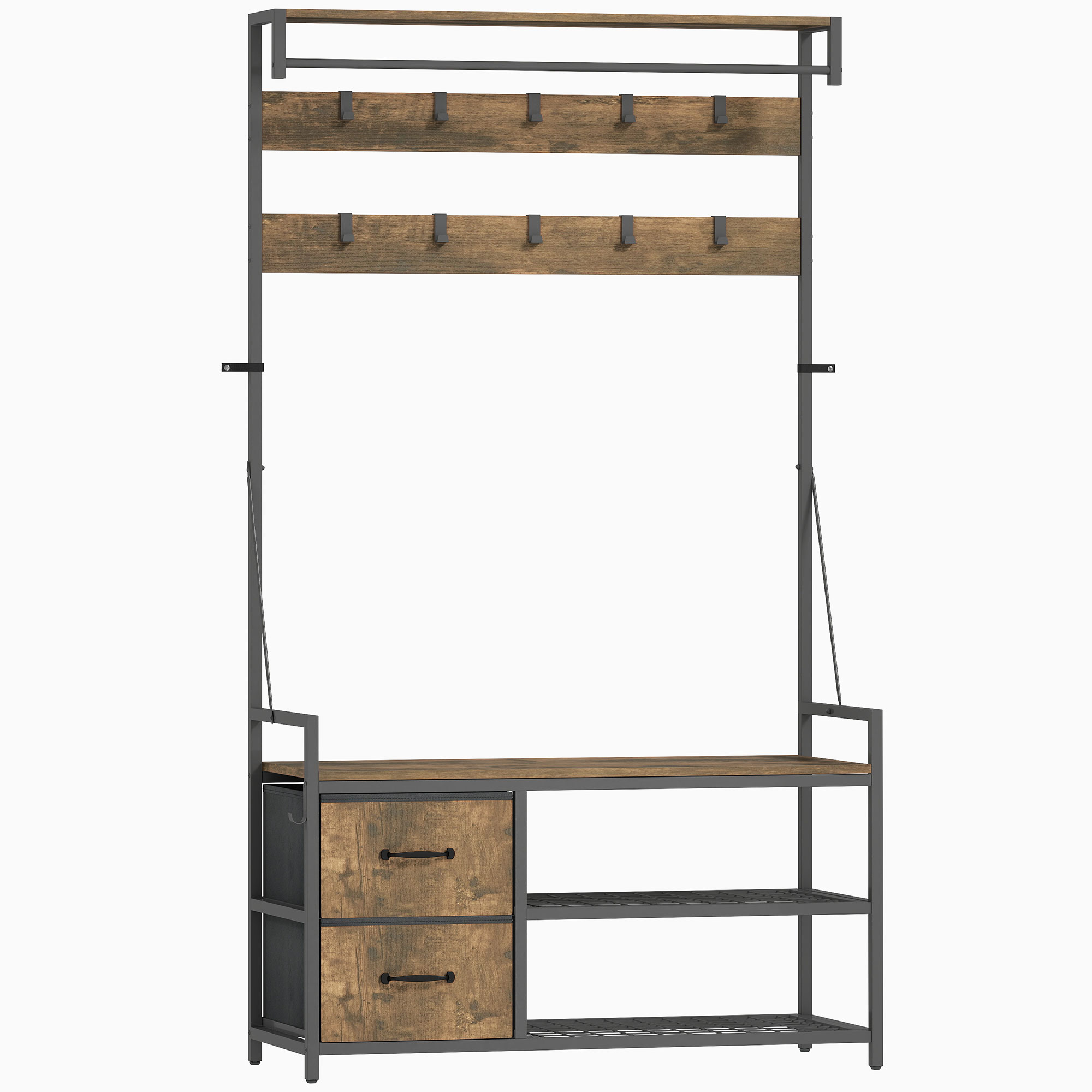 6-in-1 Garderobenständer mit Sitzbank und Schuhregal, Industrie-Stil, 10 Haken, 2 Stoffschubladen, Metall, Braun 6-in-1 Garderobenständer mit Sitzbank und Schuhregal, Industrie-Stil, 10 Haken, 2 Stoffschubladen, Metall, Braun