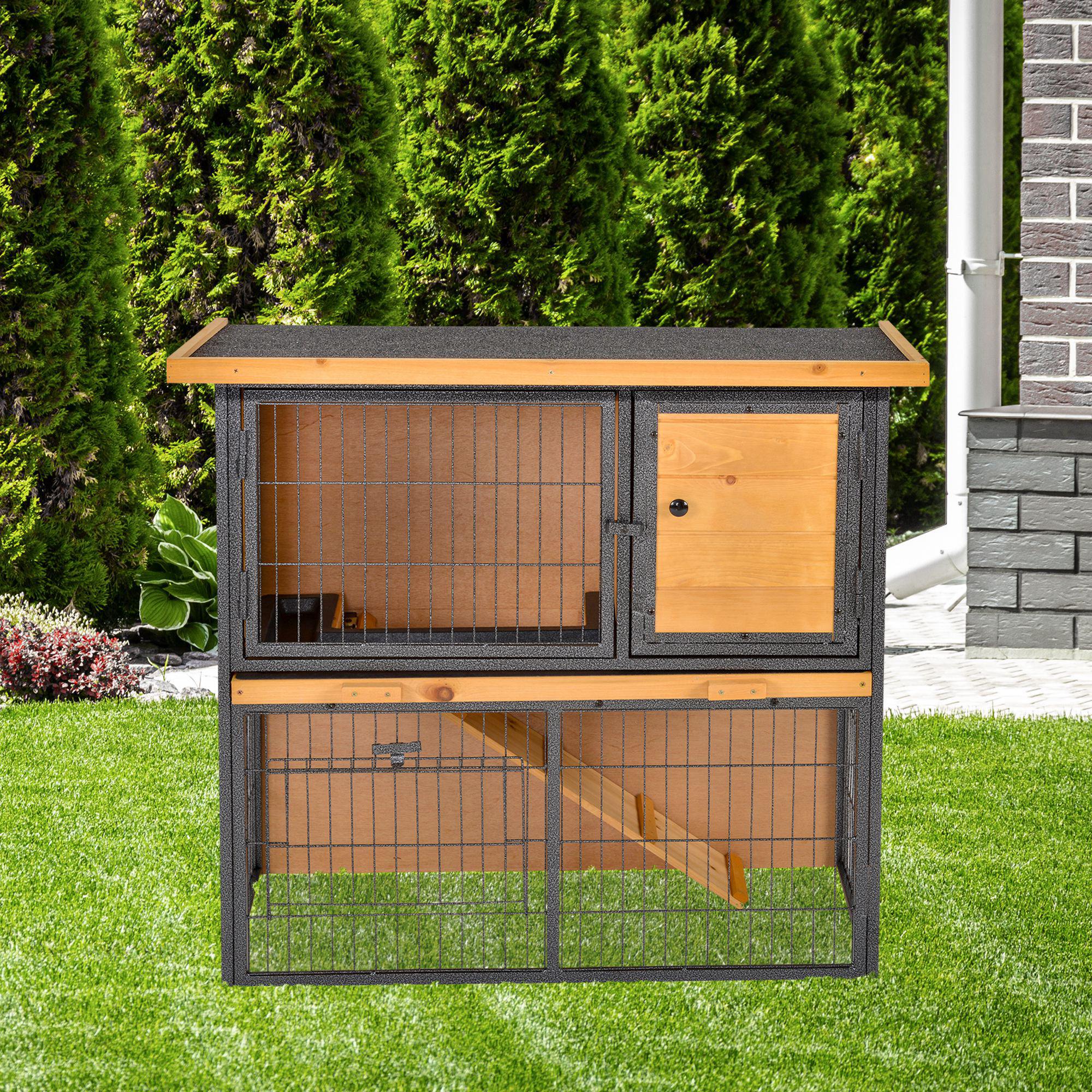 Kleintierstall erhöhtes Haustier Haus Käfig mit verschließbarer Tür Holz-Metall Hellgelb 89,5 x 45 x 81 cm
