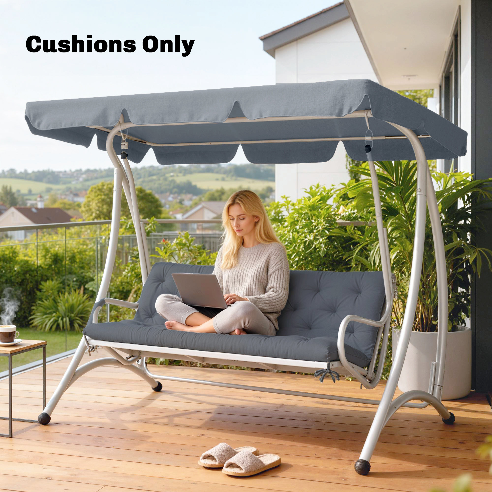 3 Sitzer Bankauflage 150 x 98 x 8 cm Sitzkissen mit Bändern Rückenkissen für Indoor/Outdoor Polster Auflage für Sitzbank Gartenbank Gartenmöbel Hollywoodschaukeln Dunkelgrau