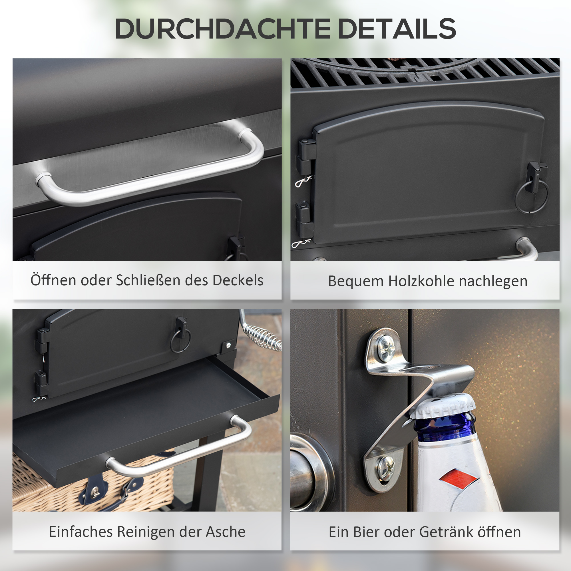 Holzkohlegrill BBQ-Grill Smoker, verstellbares Kohlefach, Seitenablagen, 124 x 66 x 112 cm, Schwarz