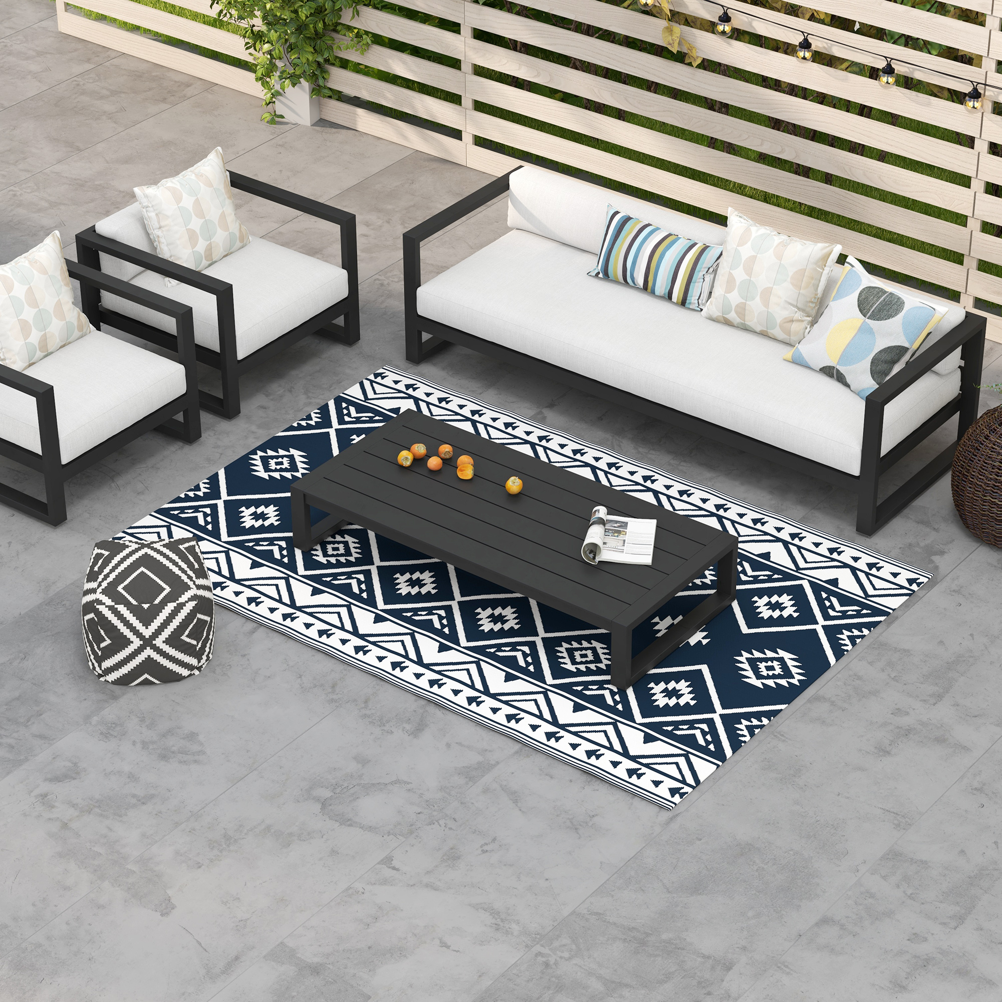 Outdoorteppich Terrassenteppich, wetterbeständig, modernes Design, 182 cm x 274 cm x 0,3 cm, Schwarz + Weiß