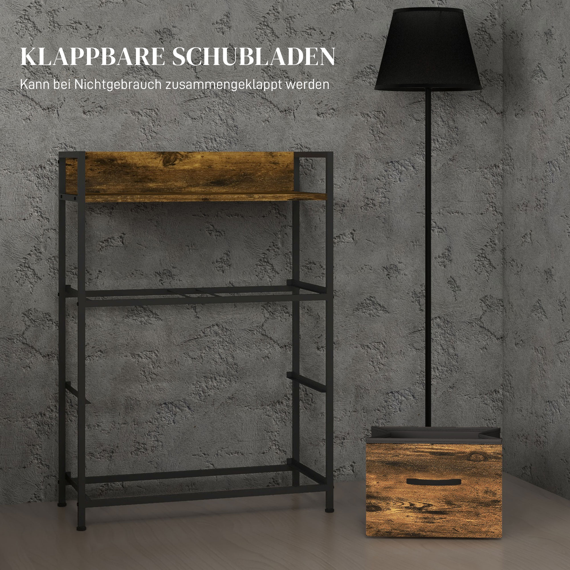 Kommode, Sideboard, 4 Stoffschubladen, Industrial Design, 60x29x85cm, Braun/Schwarz