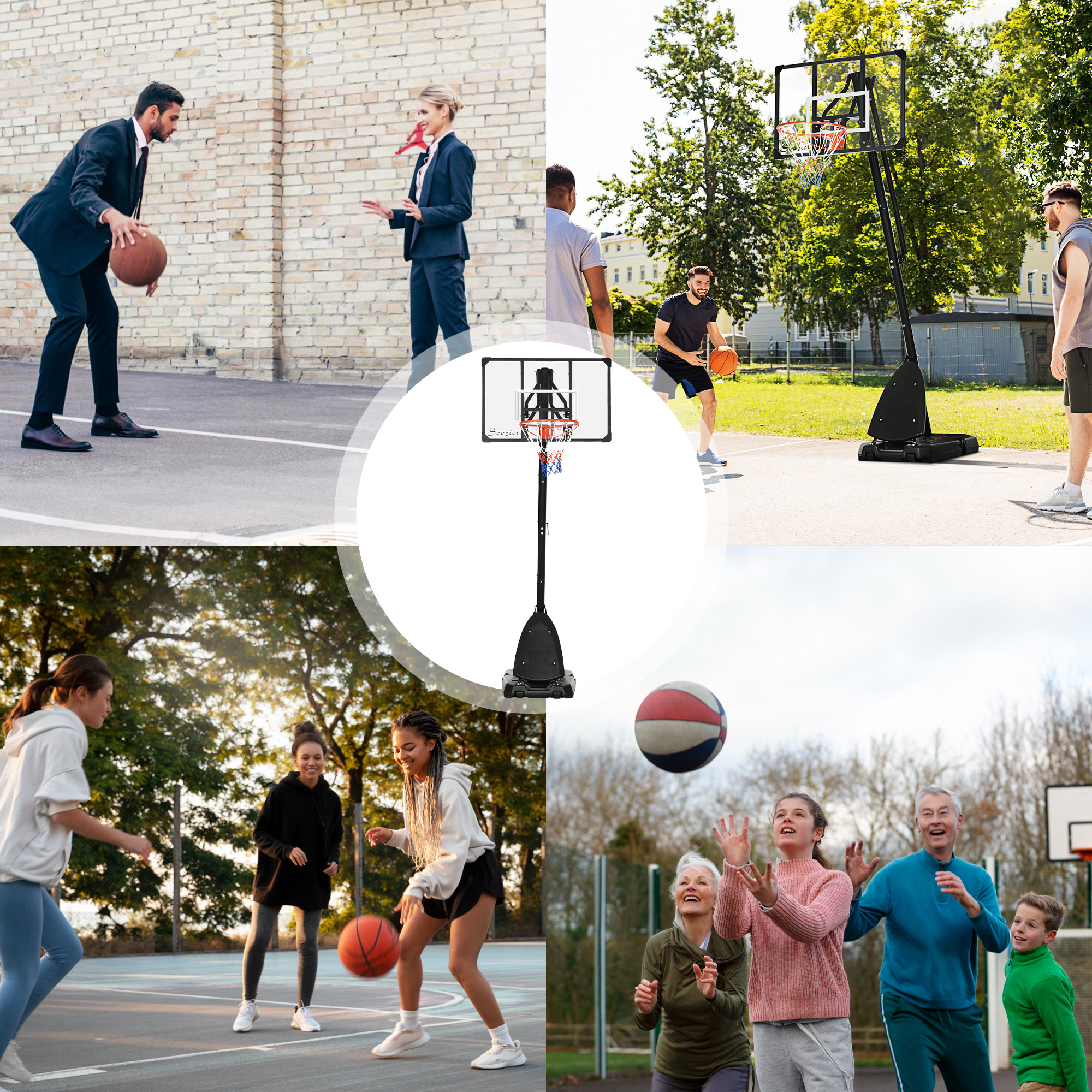 Basketballständer, verstellbare Korbhöhe 2,3-2,9 m, untere Pralllatte, befüllbare Basis, rot+schwarz