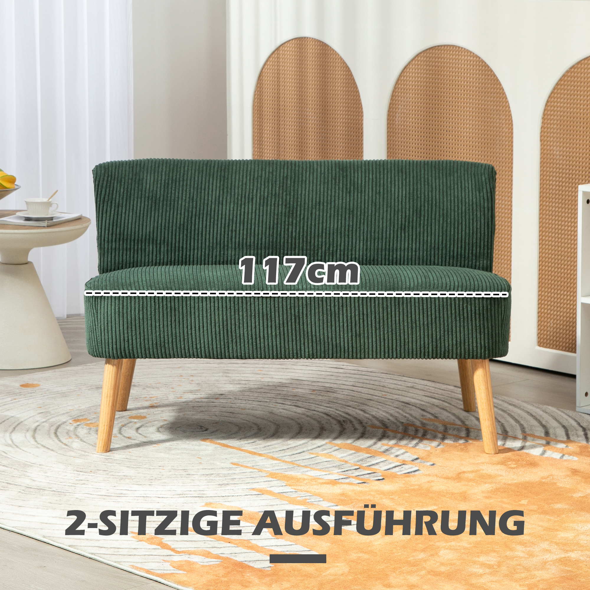 2-Sitzer Polstersofa, Holz, Samtartiges Polyester, Schaumstoff, 117 x 56,5 x 77 cm, Grün
