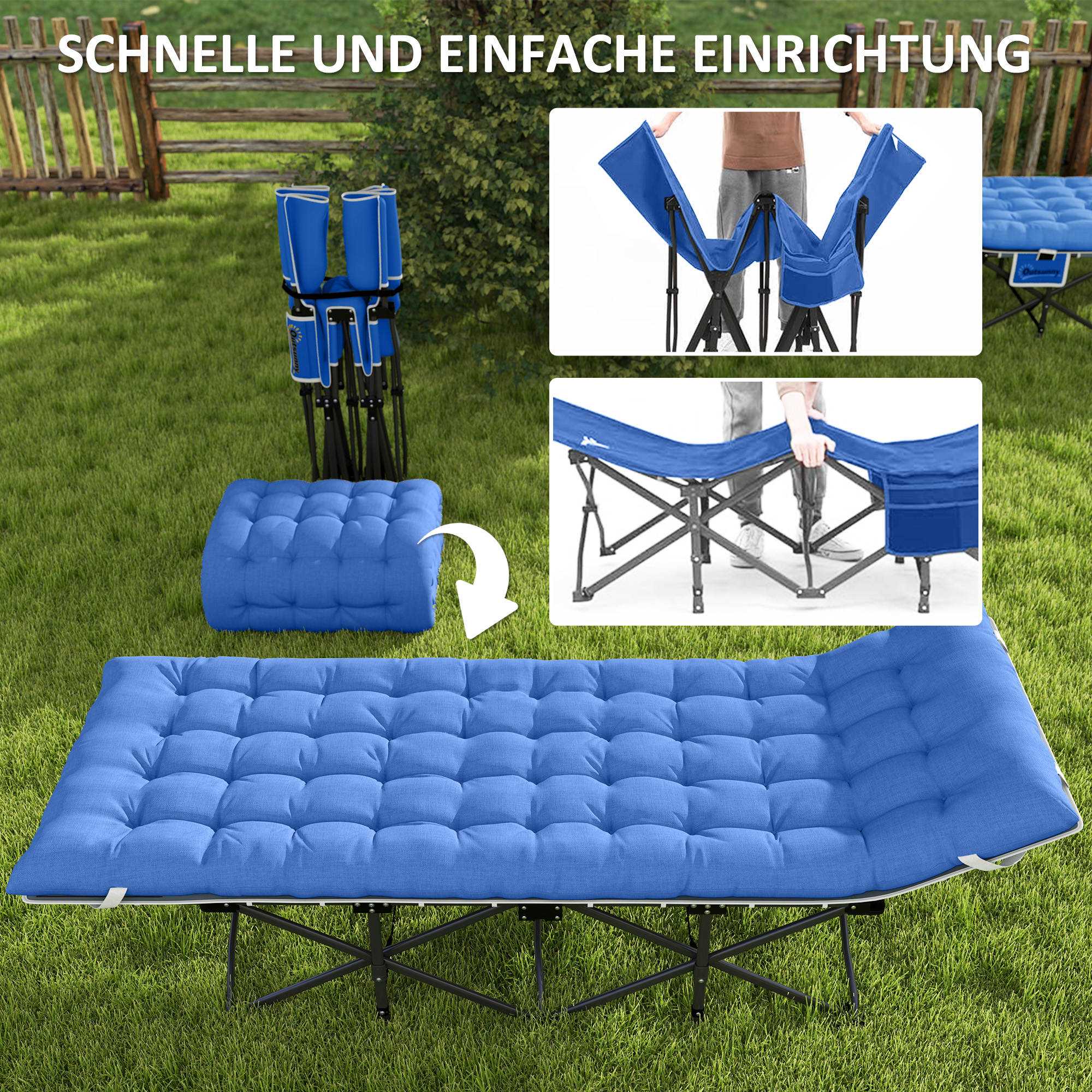 Feldbett faltbar Campingbett mit Matratze Kopfkissen Seitentasche 185 x 68 x 37 cm bis 150 kg Dunkelblau