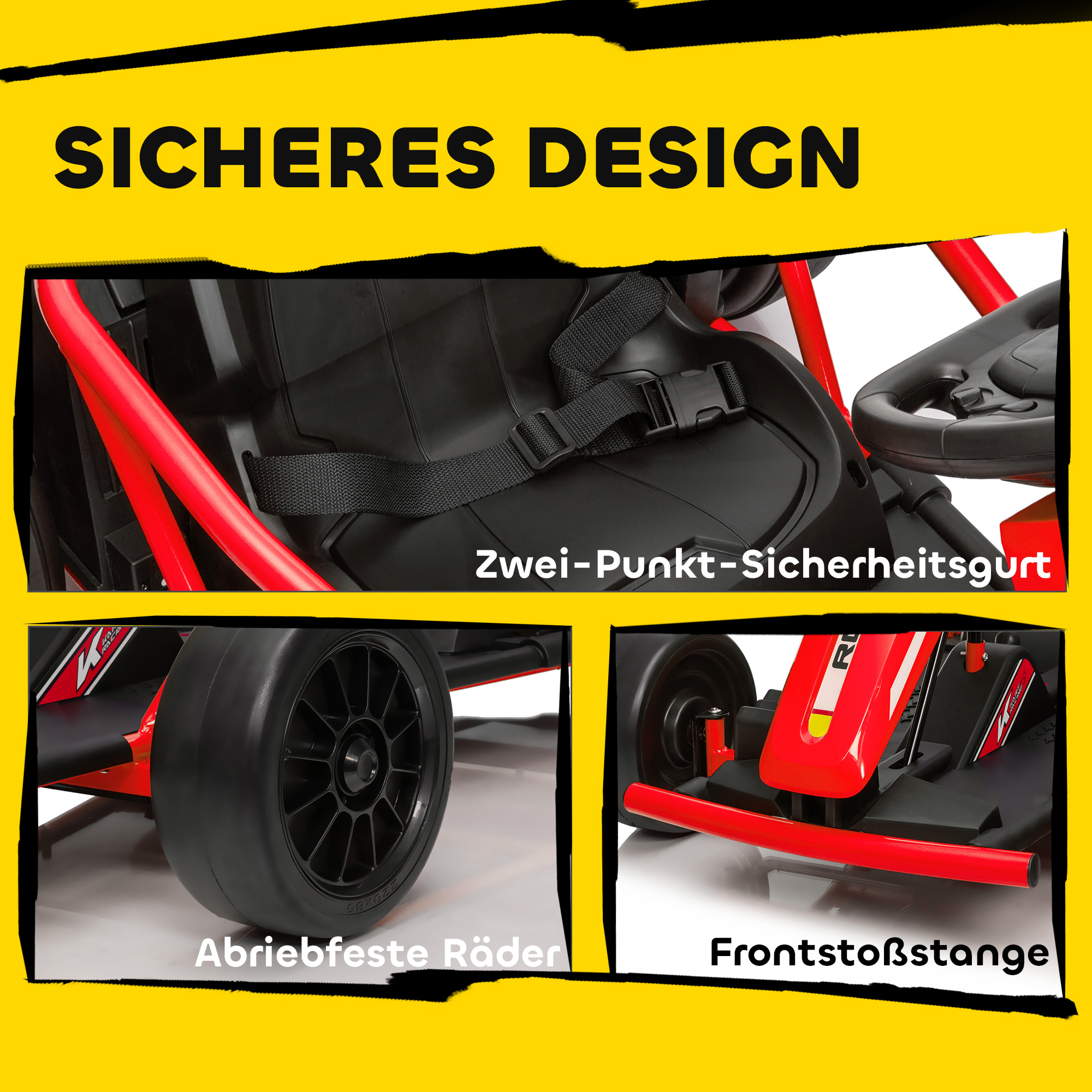 24V Elektro-Go-Kart zum Fahren und Driften, Nylon-Reifen, Sicherheitsgurt, Hupe, Musik für 8-12 Jahre Rot