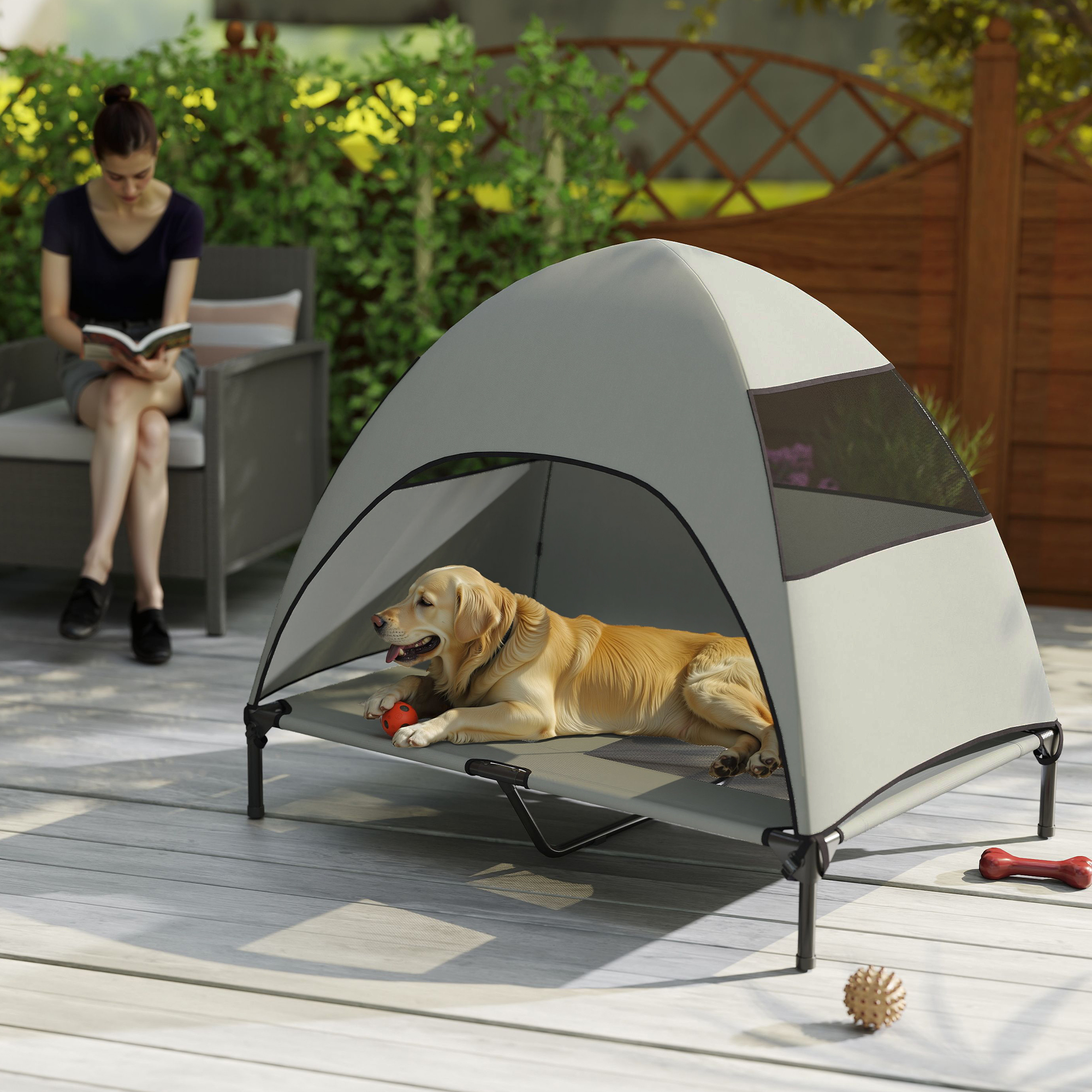 Hundeliege Outdoor mit Dach, erhöhtes Hundebett für Große Hunde, 106 x 76 x 99 cm, Hellgrau