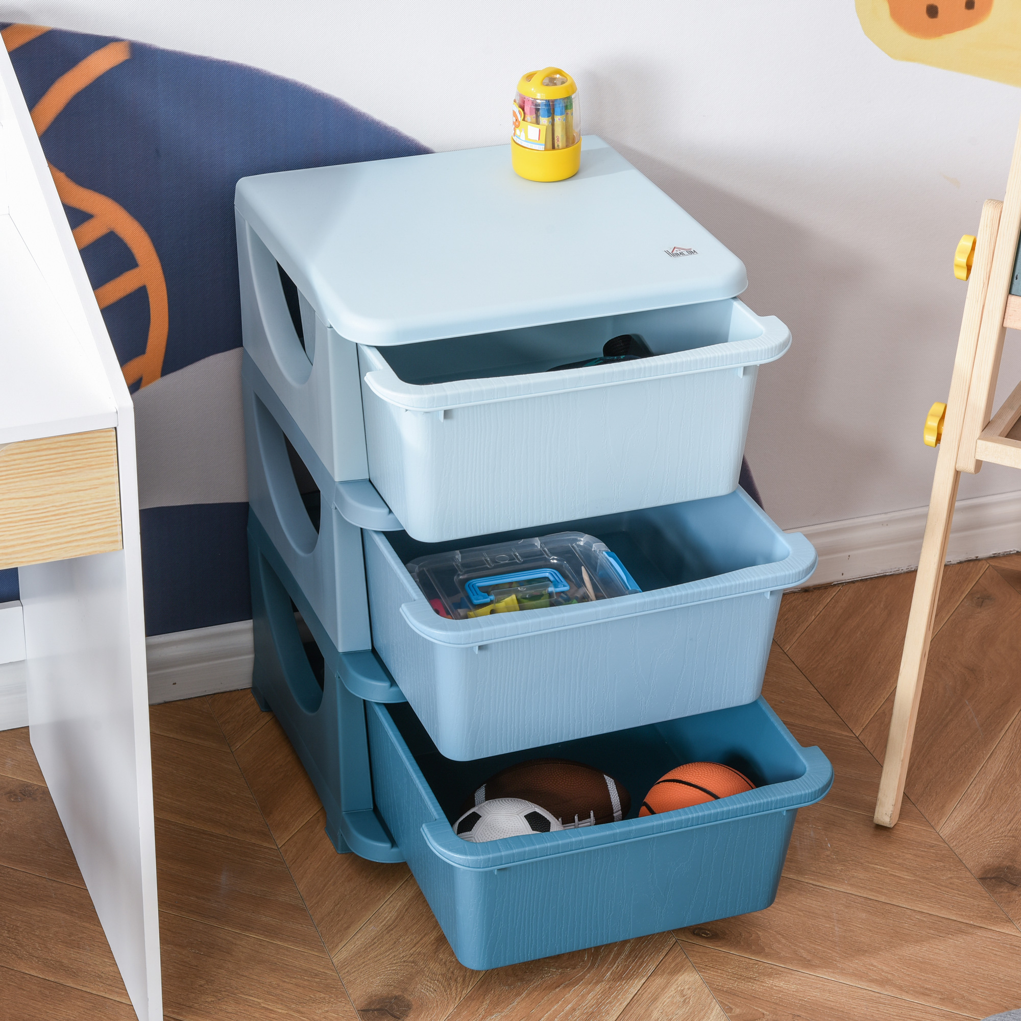 Aufbewahrungsboxen für Kinder, 3 Schubladen, abgerundete Kanten, erhöhtes Design, 37x37x56,5 cm, Blau