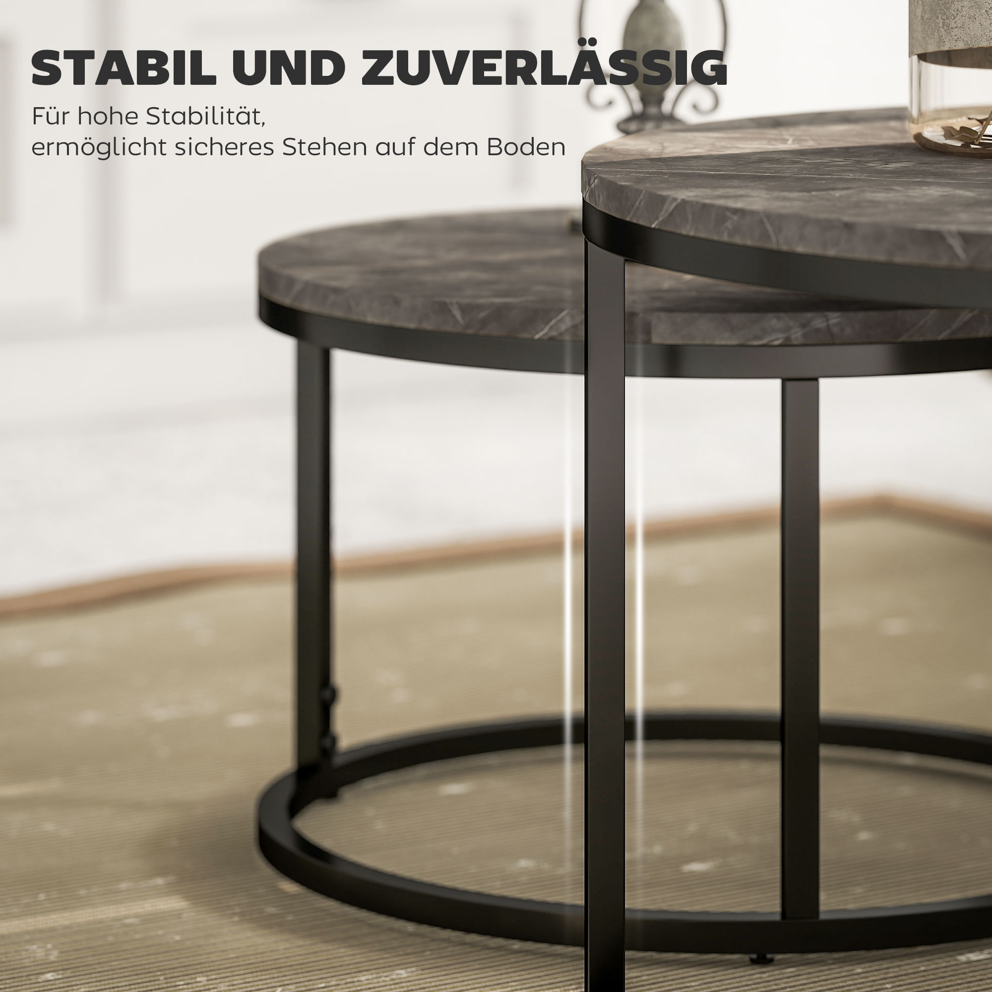 2er-Set runde Couchtische, stapelbare Beistelltische mit Metallrahmen, Wohnzimmertisch in Marmoroptik, Kaffeetisch, Grau
