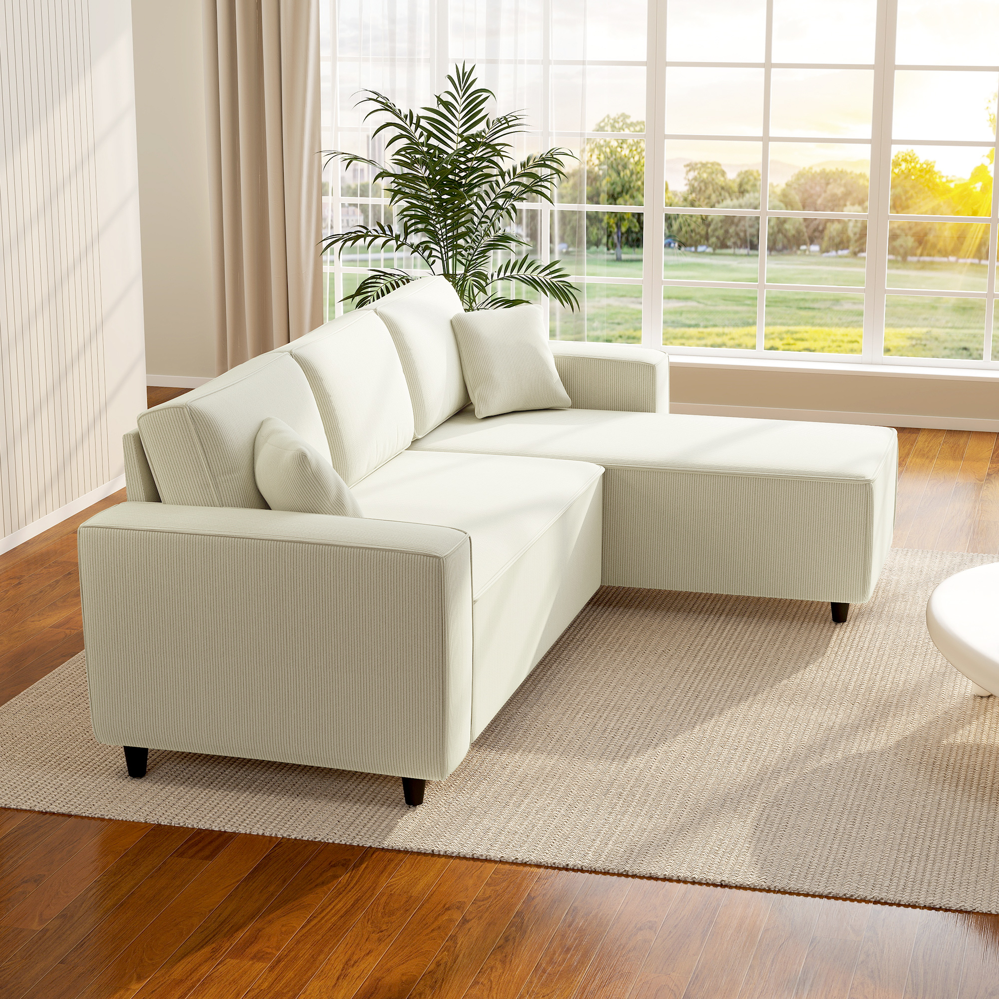 3-Sitzer-Sofa mit Chaiselongue, Wohnzimmercouch mit Cordbezug, 2 Extra-Kissen, Polstersofa, Cremeweiß