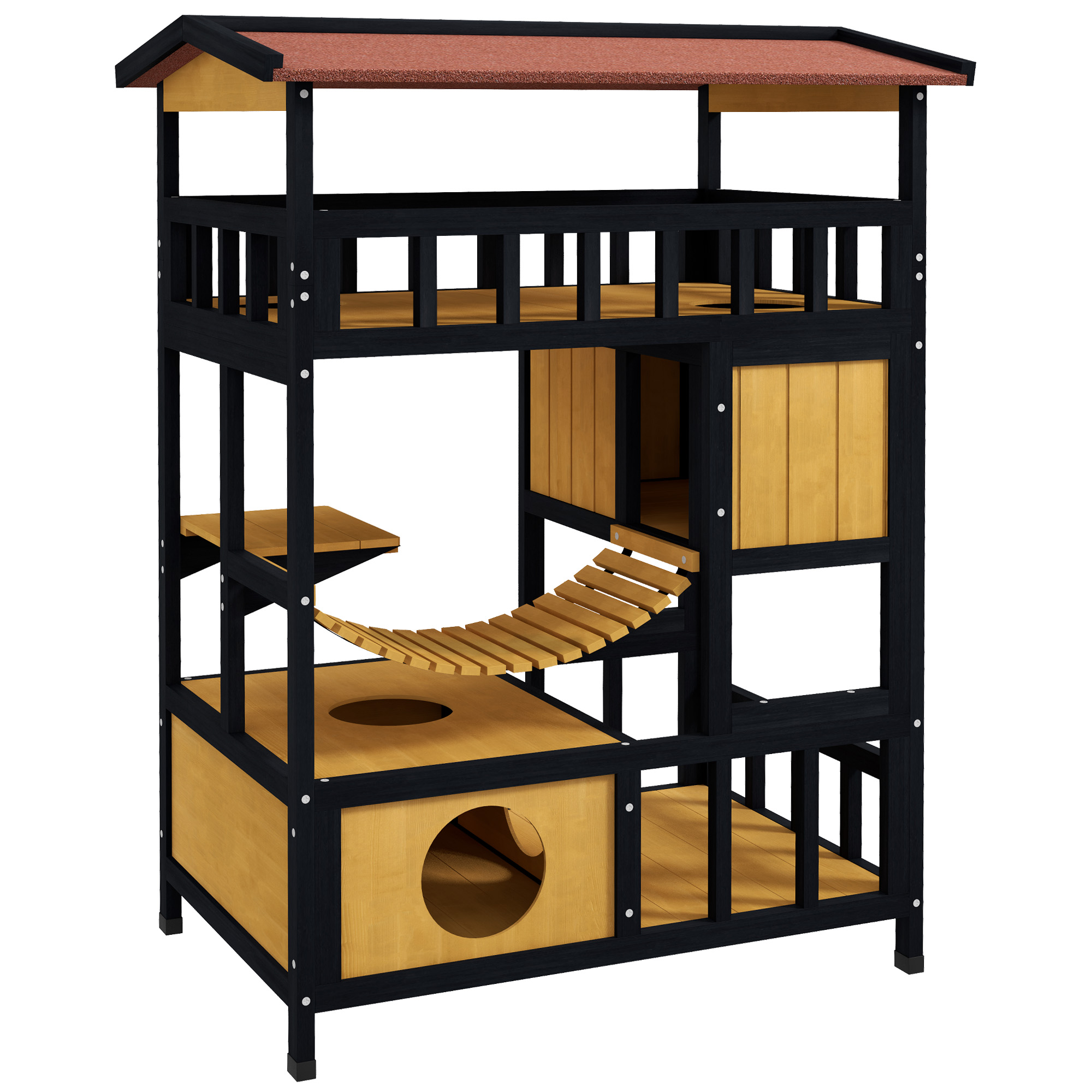 Katzenhaus, Katzenparadies mit Plattformen, Hängebrücke und Katzenhöhlen, für bis zu 2 Katzen geeignet, Holz