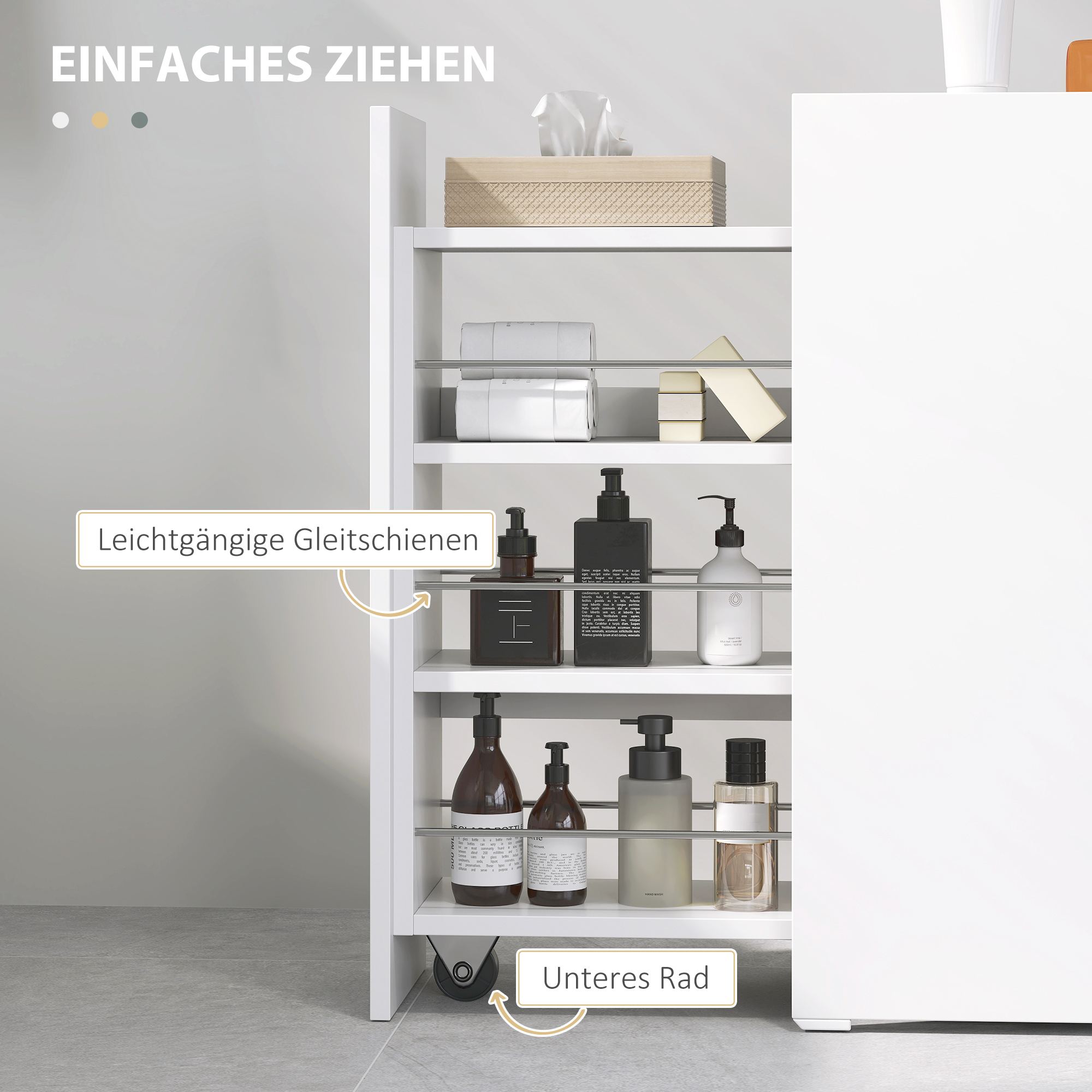 Schmaler Badezimmerschrank, Bodenschrank mit tiefer Schublade, Freistehender Badschrank, Spanplatte, Weiß