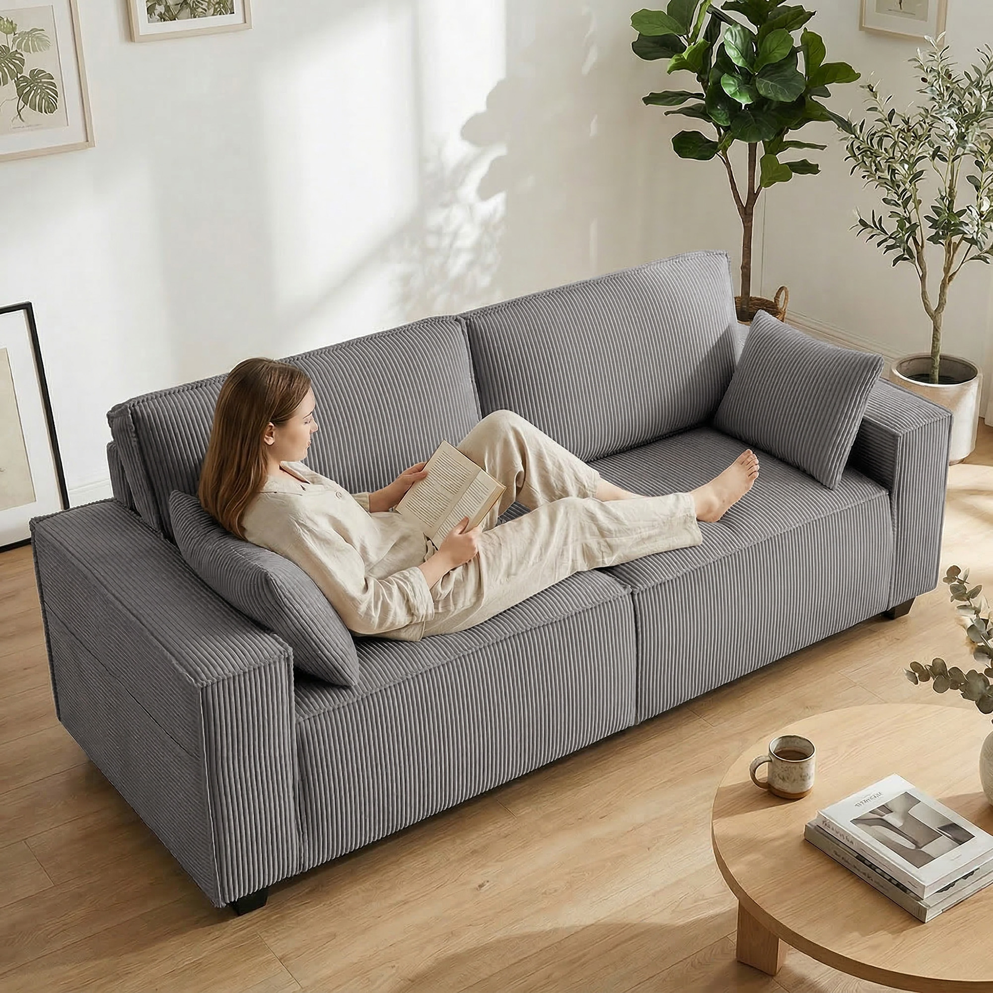 218 cm 3-Sitzer Sofa, modernes Cord-Sofa mit Taschenfeder-Polsterung, breiten Armlehnen und 2 Kissen, hellgrau
