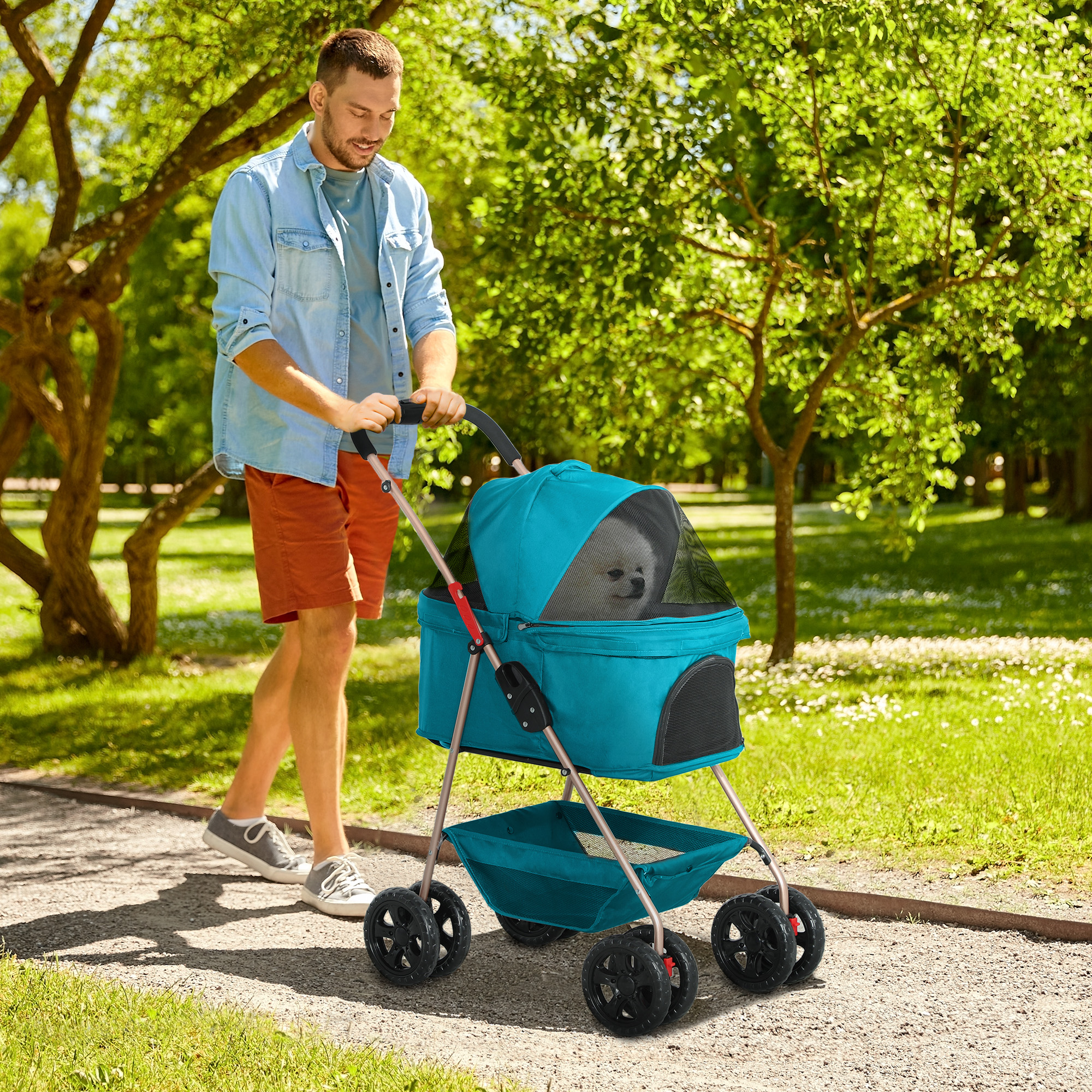 3-in-1-Haustierkinderwagen, zusammenklappbarer Hundewagen mit 4 Rädern und abnehmbarer Trage für Hunde und Katzen Türkis