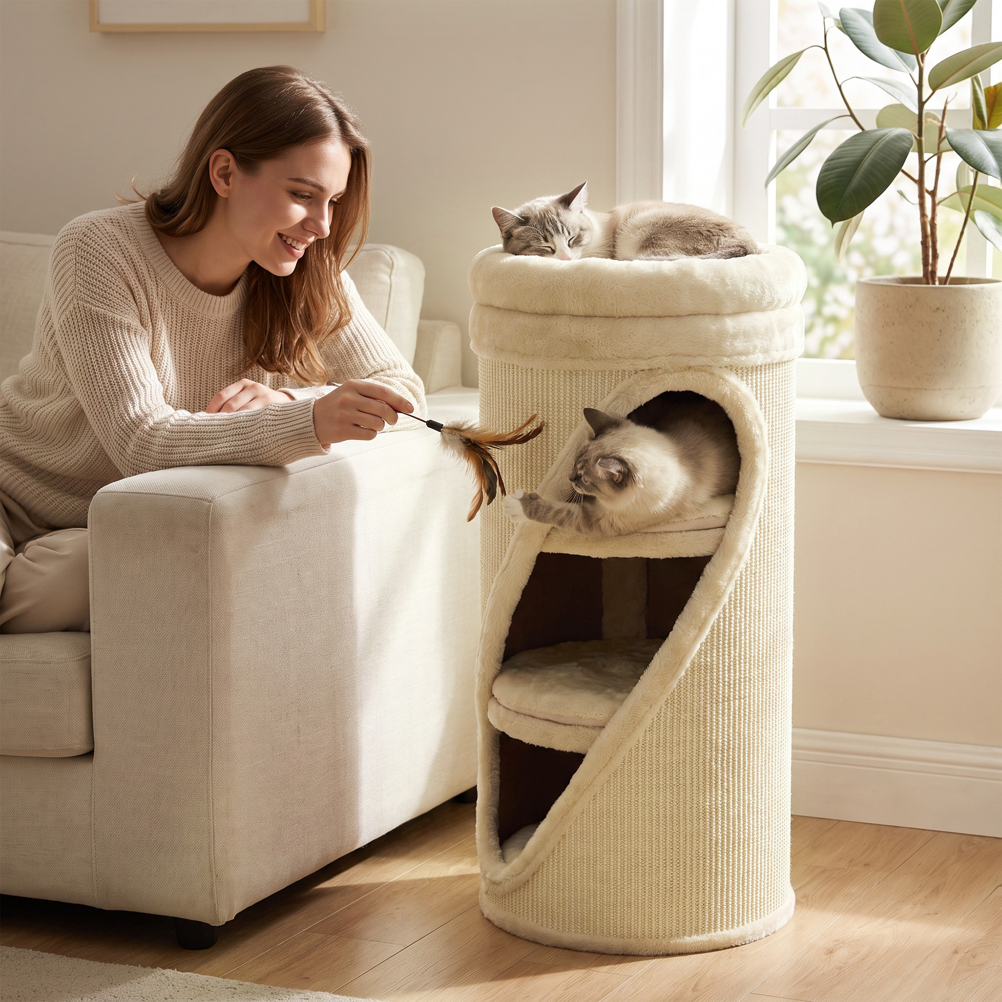 Kratztonne 75 cm Hoch Ø 35 cm 4-Stufige Katzentonne mit 3 Höhlen, abnehmbarem waschbarem Plüschbett Sisal-Kratzfläche