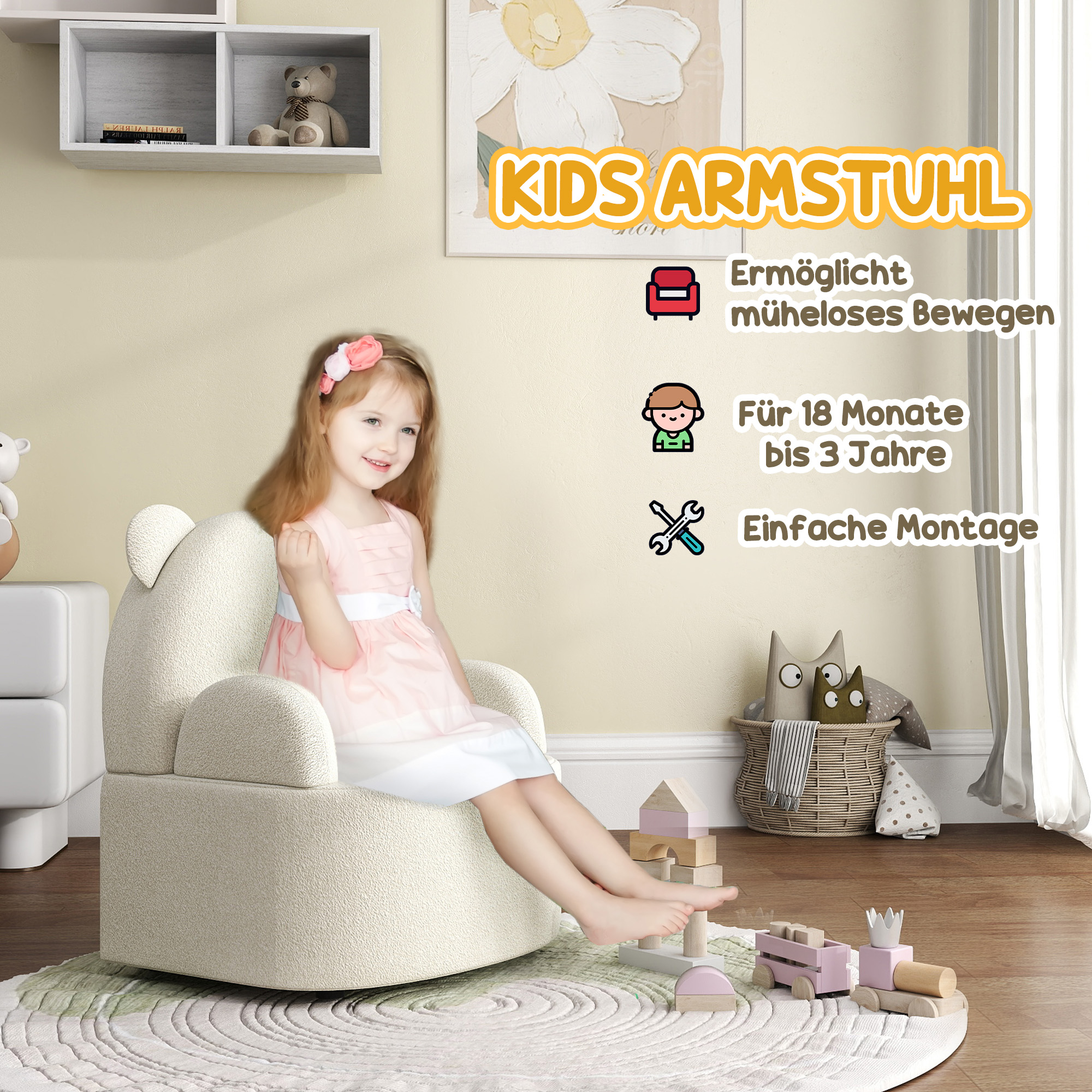 Kindersessel, Bärenform, weicher Teddyfleece, bis 3 Jahre, 52x48x59 cm, Beige